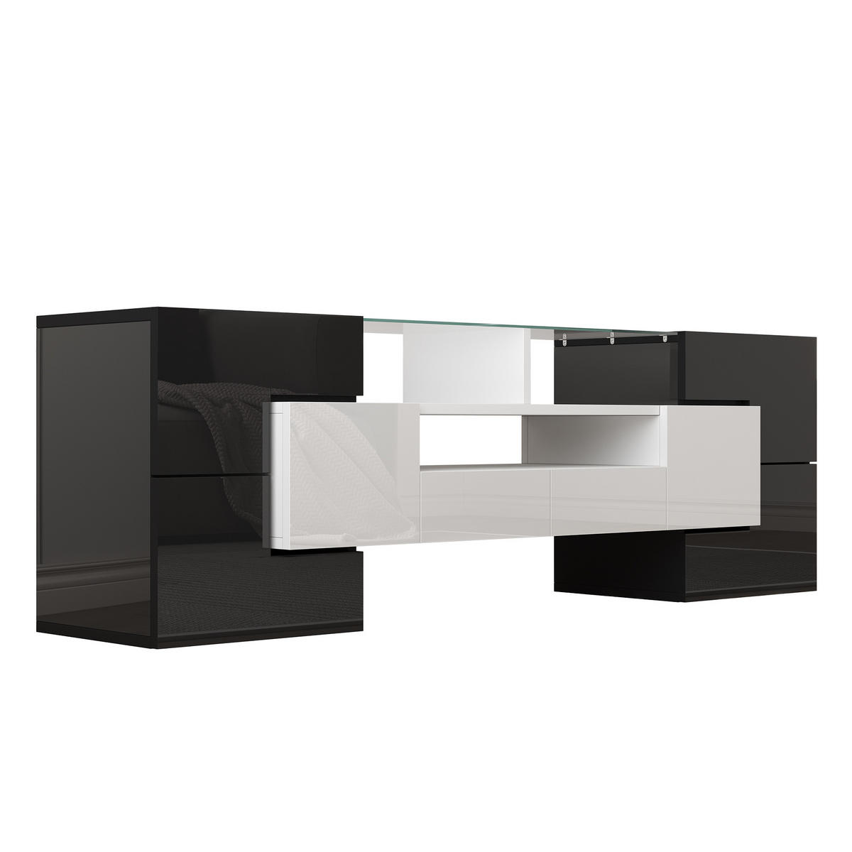 TV-SCHRANK aus Holzwerkstoff 145x30x51 cm Weiß/Schwarz mit LED-Beleuchtung und viel Stauraum - Weiß, Holzwerkstoff (145/51/30cm) - Modfu