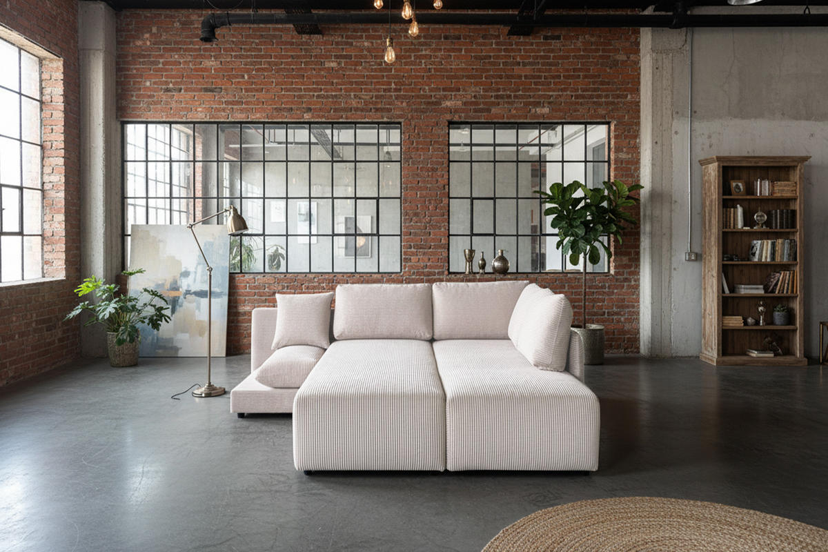 SCHLAFSOFA SADIRA Cremeweiß Cord - Creme/Schwarz, Kunststoff/Textil (288/209cm) - KAWOLA