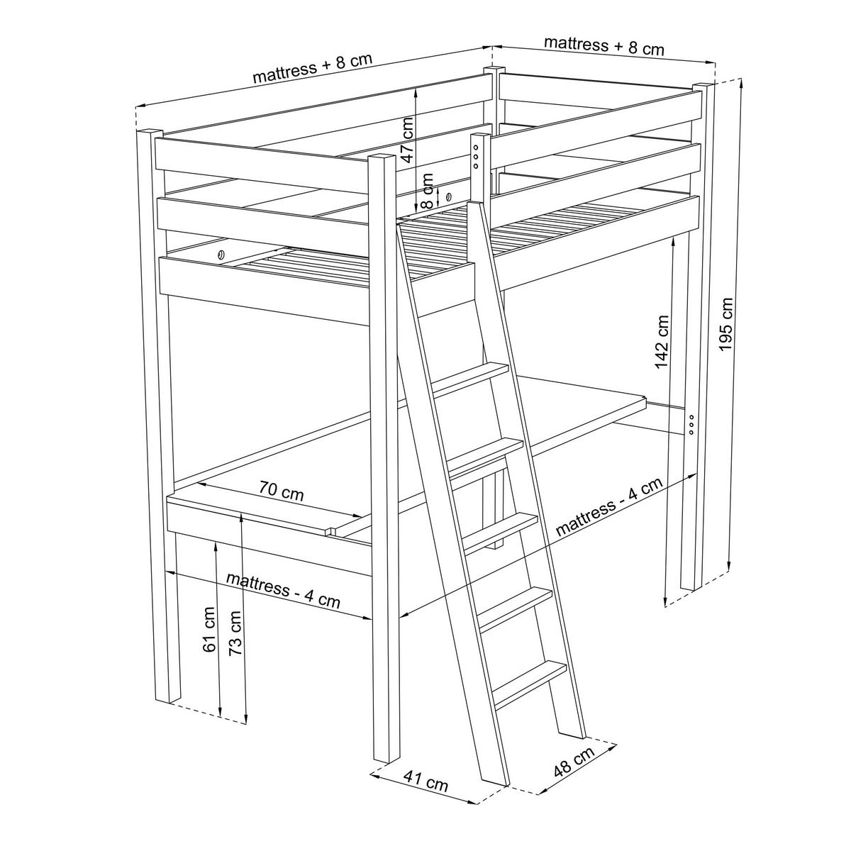 HOCHBETT N03 mit Schreibtisch Weiß 120/200 - Weiß, Naturmaterialien/Holz (120/200cm) - N-Wood