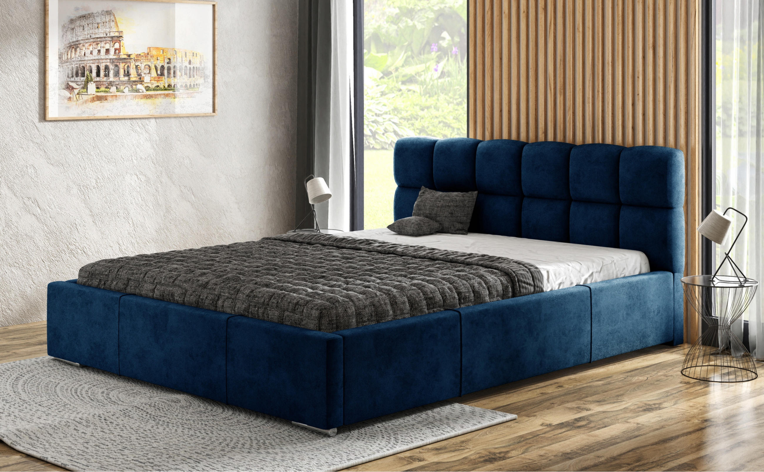 POLSTERBETT MALTA mit Kopfteil, 200 x 200 cm, Doppelbett mit Bettkasten und Lattenrost aus Metall, Velourstoff: Blau - Blau, Holz/Textil (200/200cm) - Agmat-Furniture