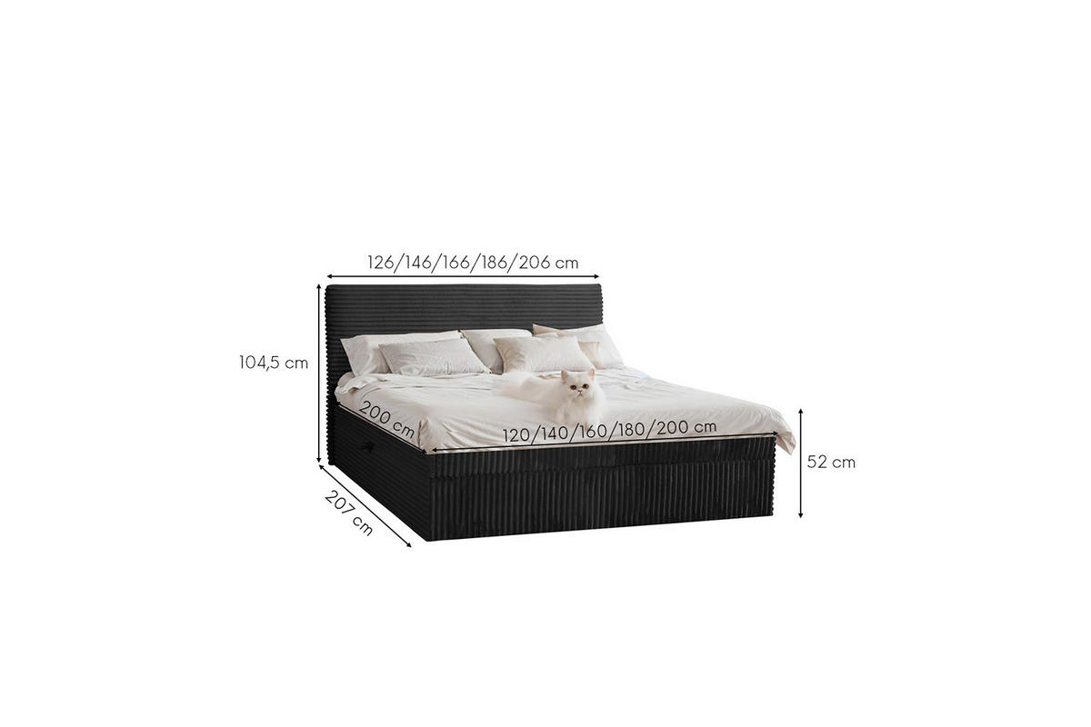 BOXBETT Bettkasten Und Topper TRENTO Ohne Bein Stoff Plüsch Cord 180x200 cm Schwarz H3-Bonell - Schwarz, Holz/Textil (180/200cm) - Kaiser Möbel