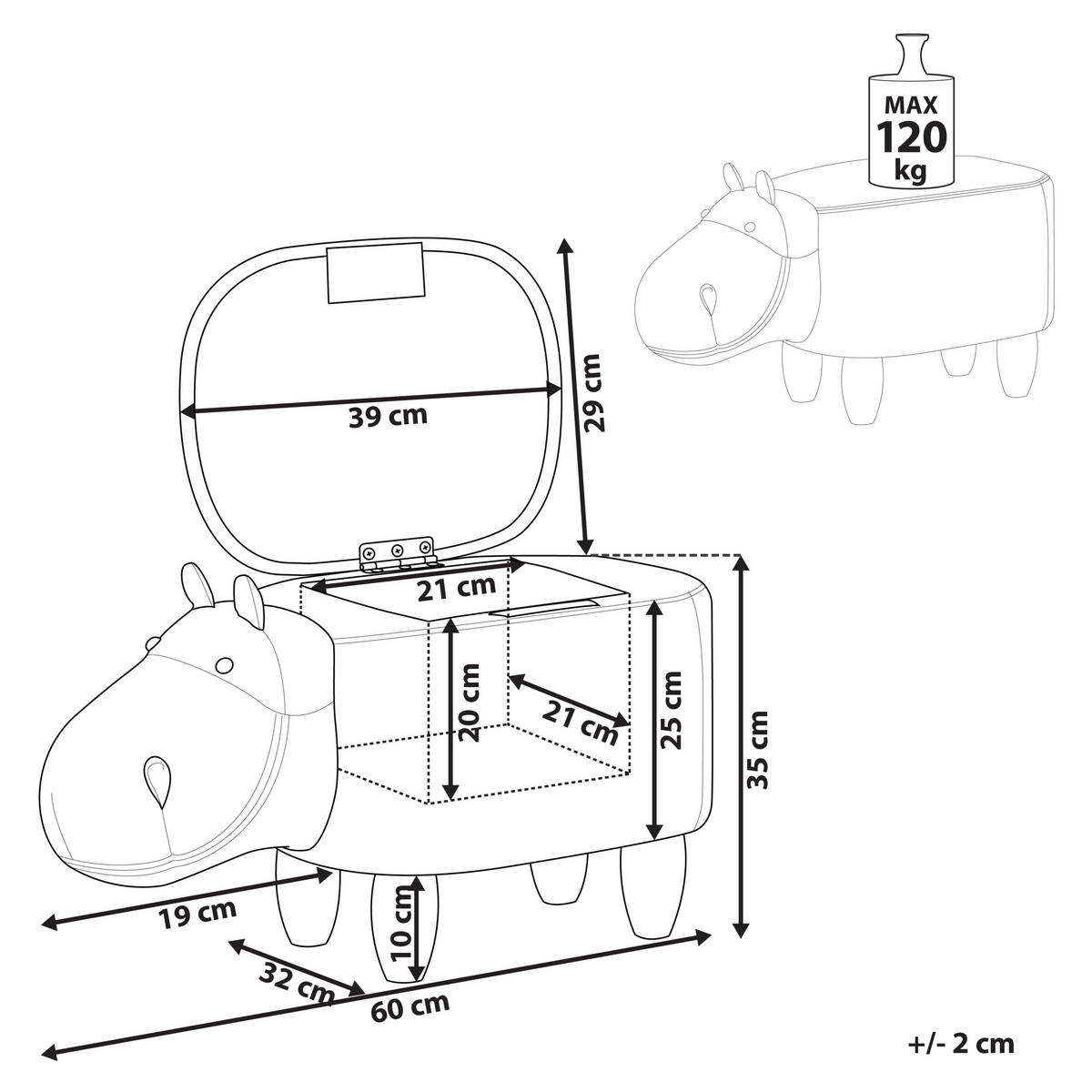 TIERHOCKER Hippo 60/32/35 cm - Braun, Kunststoff/Textil (32/35/60cm) - Beliani