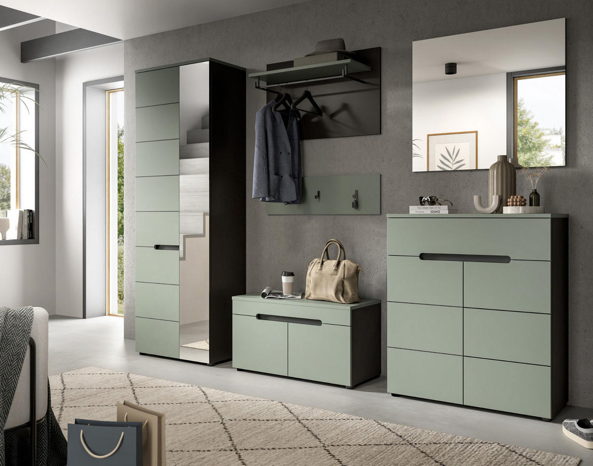 GARDEROBE SET 5-teilig in Salbei Grün und Basalt Grau 175 cm, Soft-Close Cooper - Salbeigrün/Schwarz, Glas/Holzwerkstoff (175/190/37cm) - Inn.Furn
