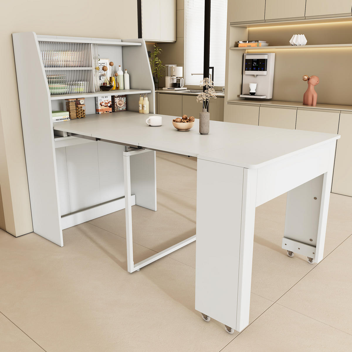 ESSTISCH aus Spanplatte 52-132,5x80x76 cm Weiß mit Stauraum, ausziehbarer Tischplatte und Glasfach - Weiß, Holzwerkstoff (80/52/76cm) - Modfu