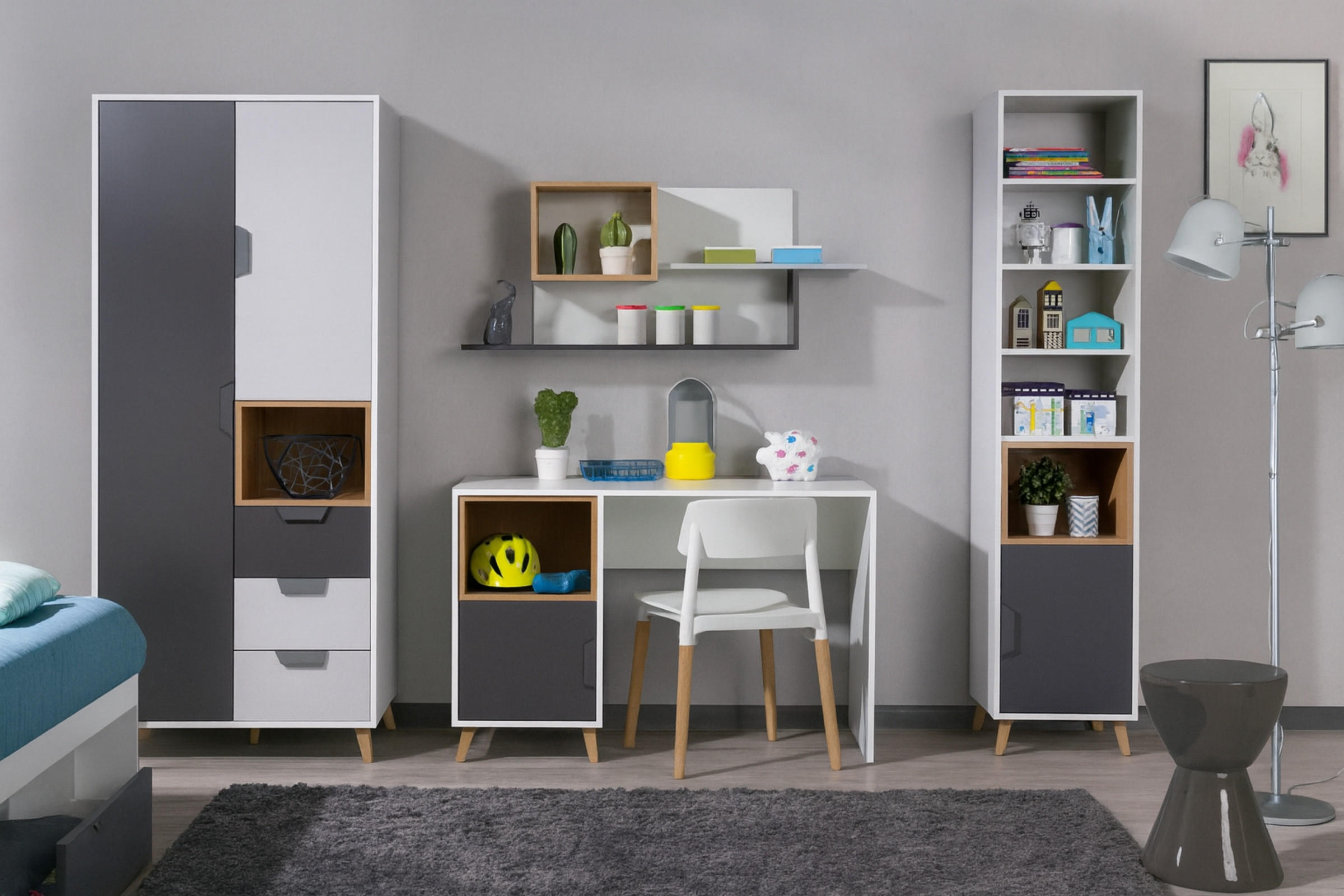 JUGENDZIMMER-SET JUSTIN D 4-teilig in Weiß / Graphit / Grau / Eiche - Eichefarben/Graphitfarben, Holzwerkstoff (241/190/55cm) - Deine Möbel 24