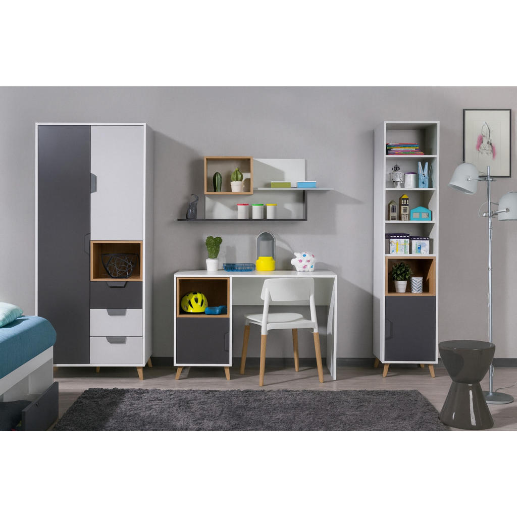 Thumbnail - Deine Möbel 24 Kinderkleiderschrank, Weiß, Graphit, Grau, Eiche, Holzwerkstoff, 3 Schubladen, 80x190x55 cm, Kinder- & Ju...