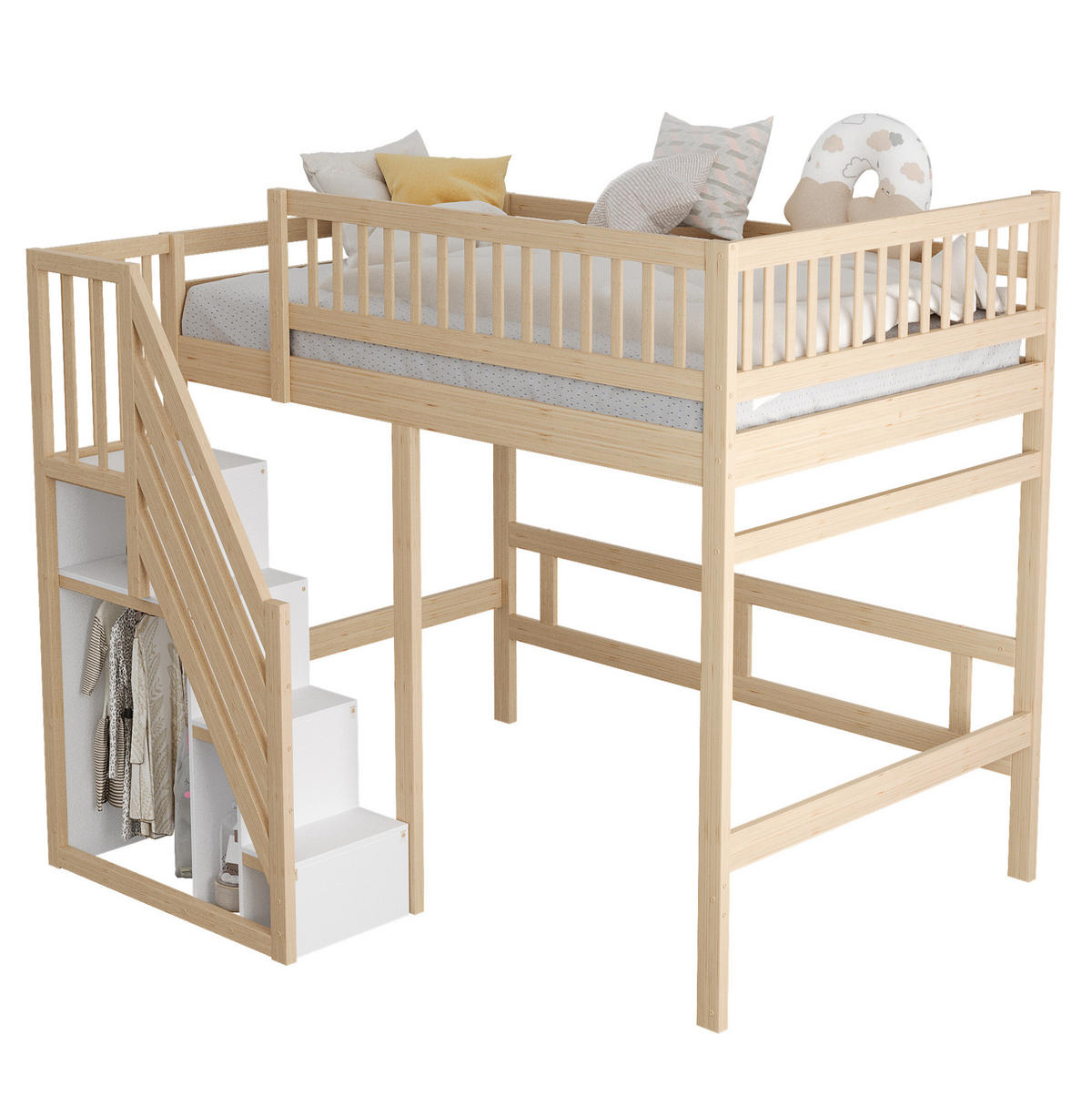 HOCHBETT 140/200 cm aus Holzwerkstoff mit Aufbewahrungstreppe und hohem Geländer, Natur - Naturfarben, Holzwerkstoff (140/200cm) - Redom