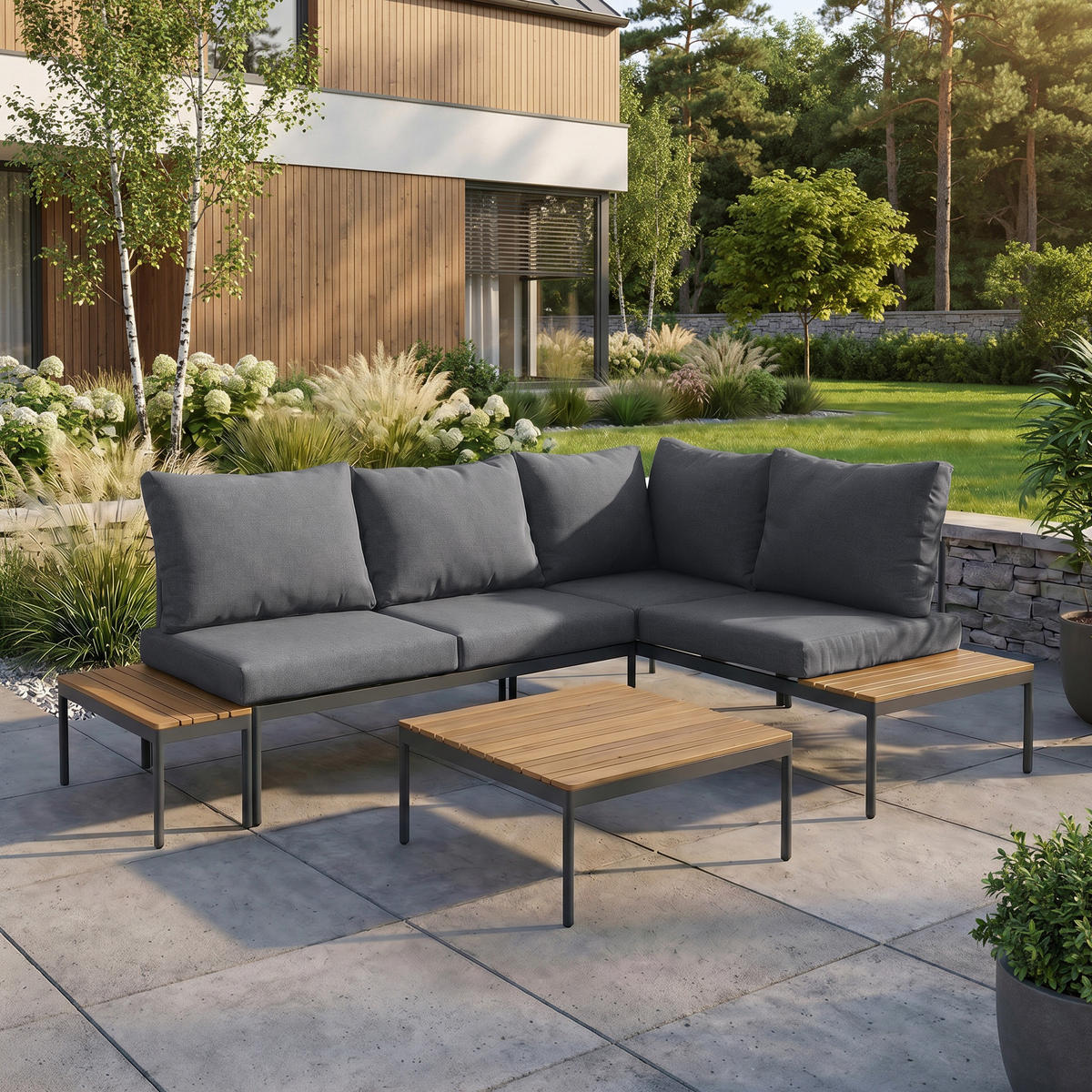 GARTENSET Livorno, modulare Bauweise , mit Ecksofa und Kaffeetisch, Metallrahmen, Dunkelgrau - Dunkelgrau, Metall - Beautysofa