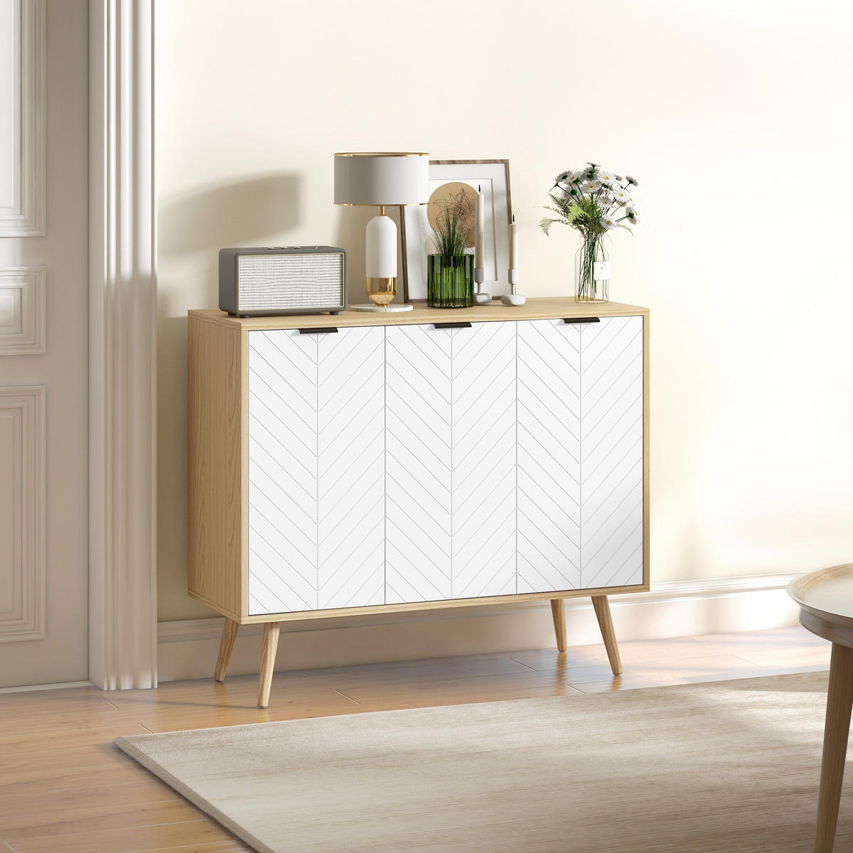 SIDEBOARD DE-11148 Chevron-Muster, 2 Türen Naturholz - Naturfarben, Holzwerkstoff (91.5/77.4/35cm) - ComfortXL