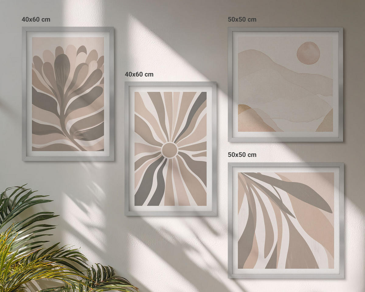 BILDER SET 4er Set - 50x50 cm & 40x60 cm Silberner Rahmen - Abstrakte Pflanzenmuster - Silberfarben, Kunststoff (50/50cm) - TULUP