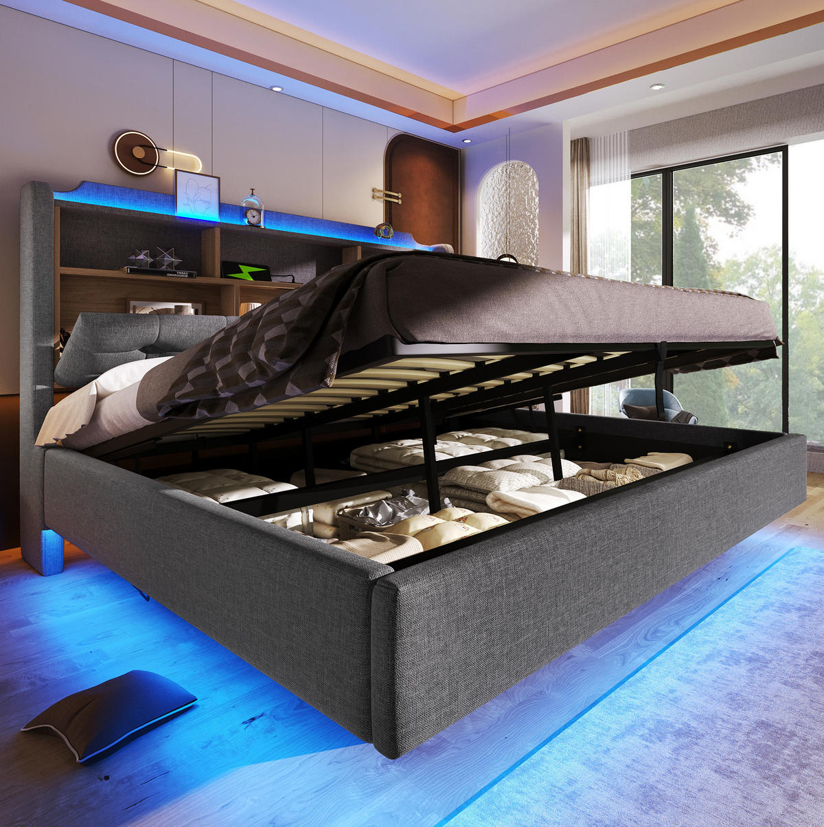 POLSTERBETT 180/200 cm aus Leinen und MDF mit LED-Lichtleiste, Grau - Grau, Textil (180/200cm) - OKMYHOME