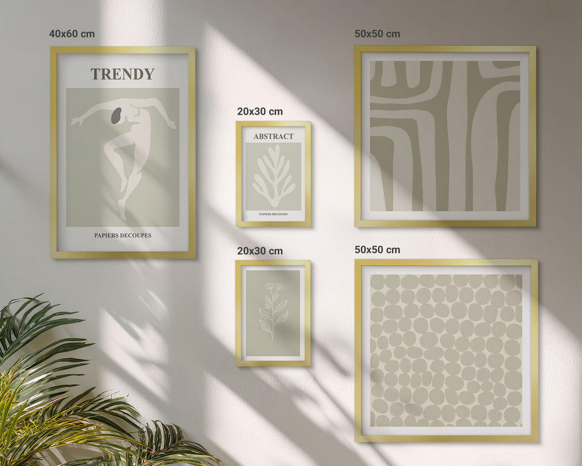WANDBILDER 5er Set - 50x50 cm & 20x30 cm & 40x60 cm Goldrahmen - Pflanzen- und geometrische Muster - Goldfarben, Kunststoff (40/60cm) - ArtPrintCave