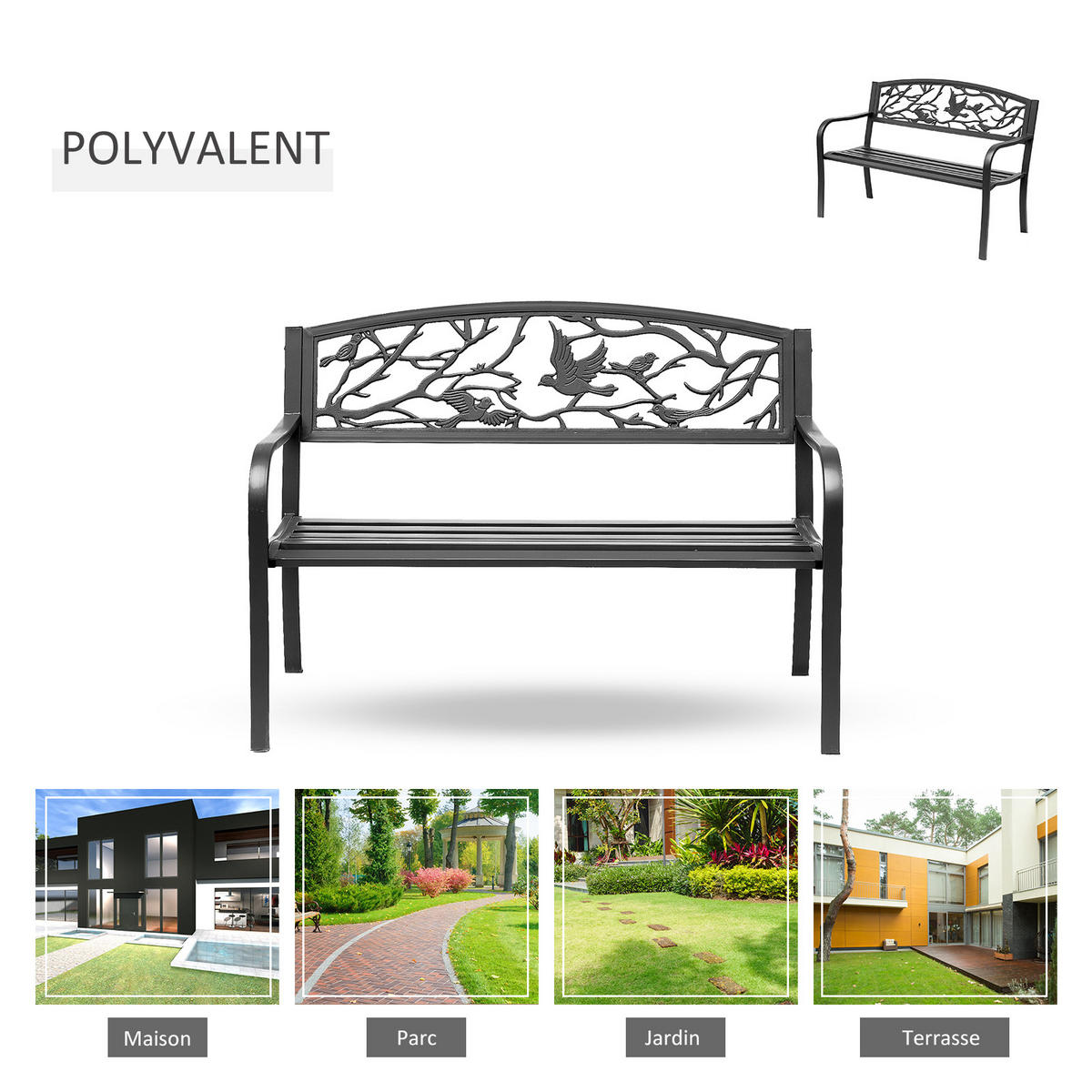 GARTENBANK DE-17749 3-Sitzer mit Vogelmotiv im Rural-Chic Schwarz - Schwarz, Metall (127/85/60cm) - ComfortXL