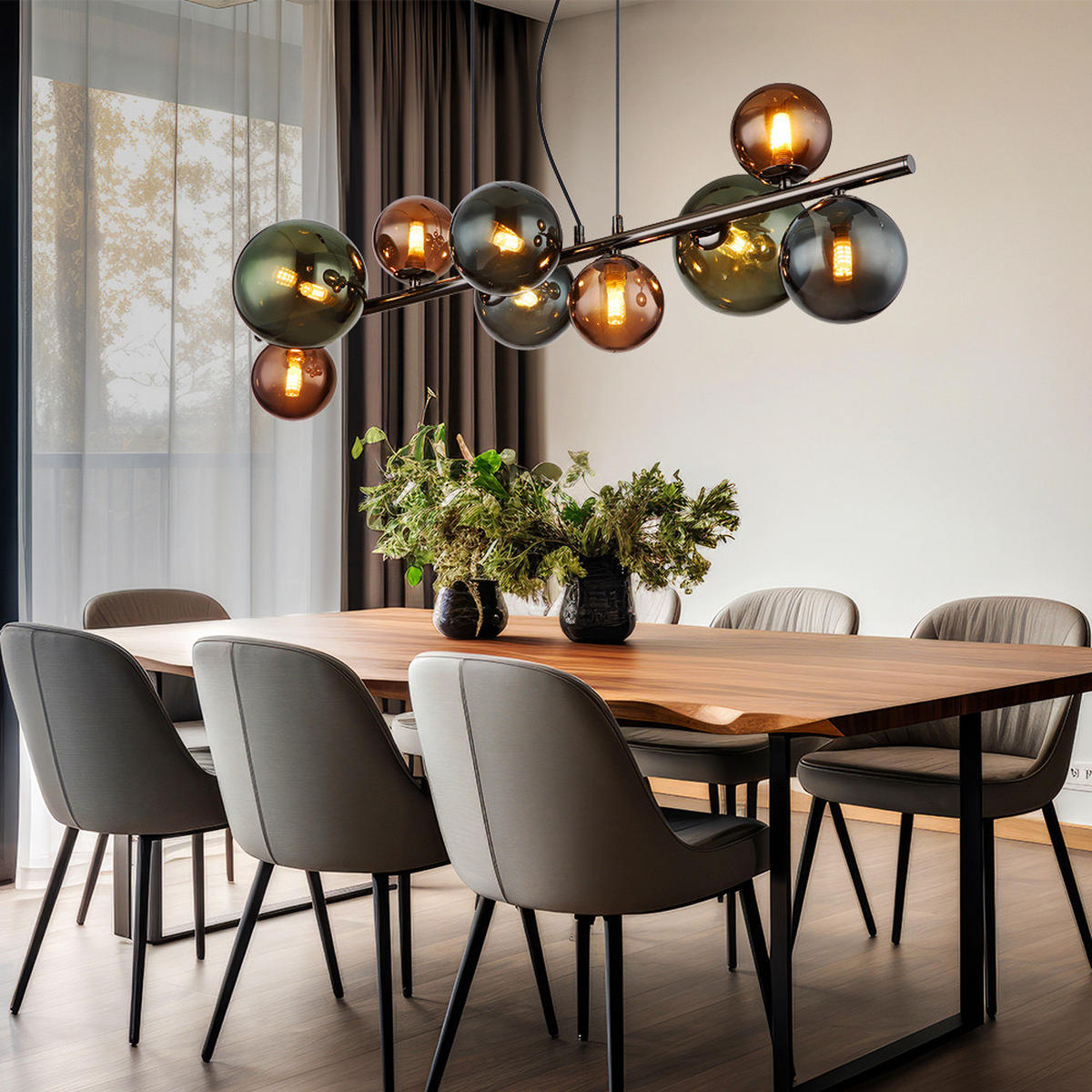 LED HÄNGELAMPE Metall Grau 9-flammig - Grau, Glas (86/36/120cm) - Globo Lighting