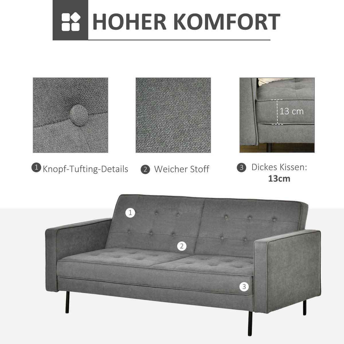 SCHLAFSOFA 3-Sitzer Schlafcouch verstellbarer Bettsofa mit Schlaffunktion Grau - Grau, Textil (91/85/187cm) - HOMCOM