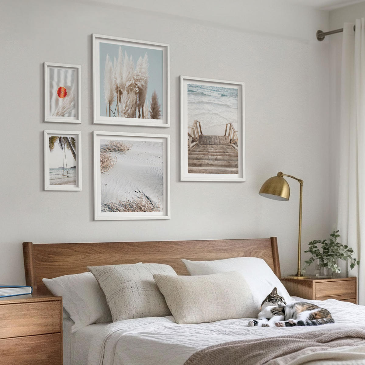 WANDBILDER 5er-Set - 50x50 cm & 20x30 cm & 40x60 cm Weißer Rahmen - Strandatmosphäre dank hölzerner Treppen. - Weiß, Kunststoff (40/60cm) - ArtPrintCave