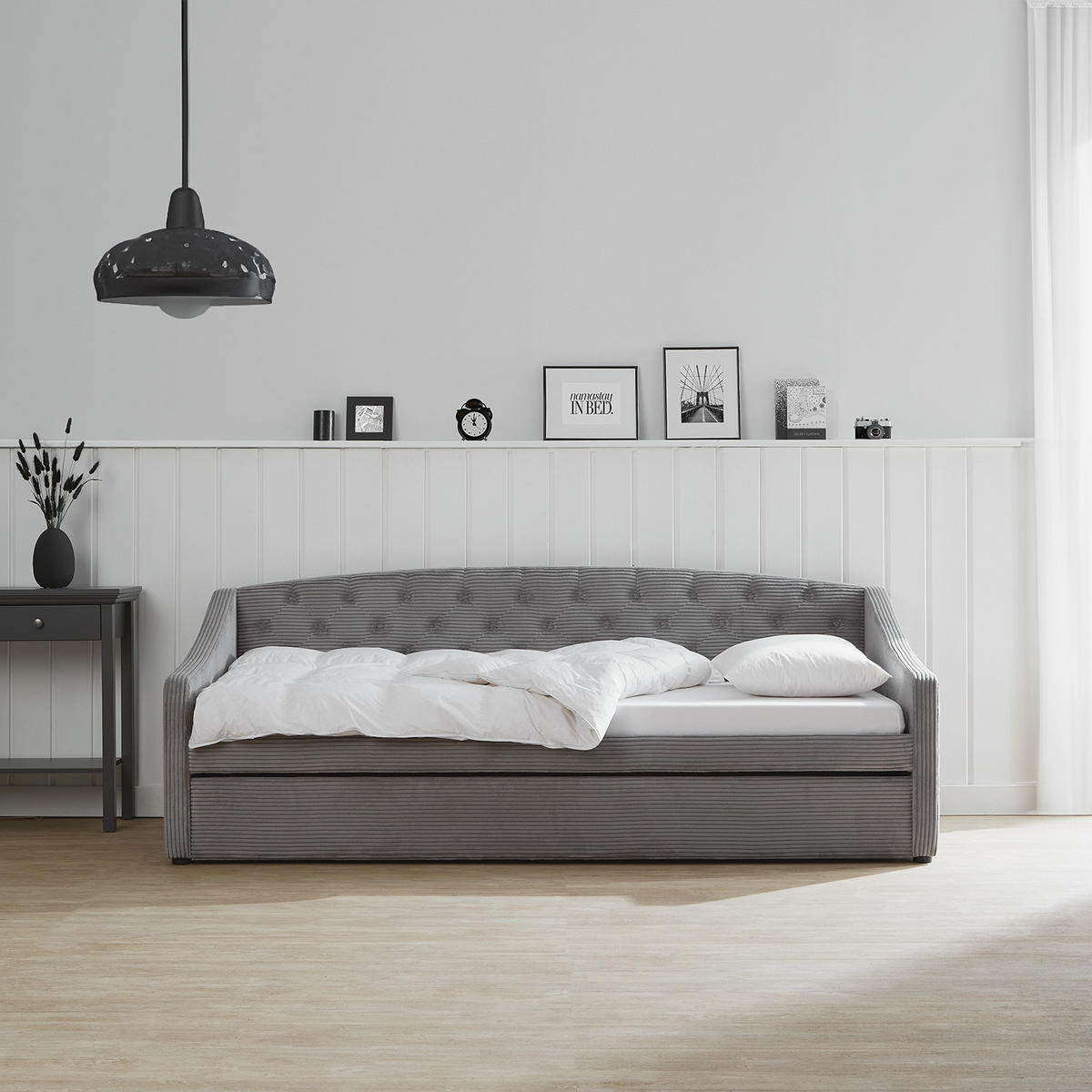 AUSZIEHBETT Cord 90/200 cm Grau 2 Liegeflächen - Grau, Textil (90/200cm) - Homestyle4u