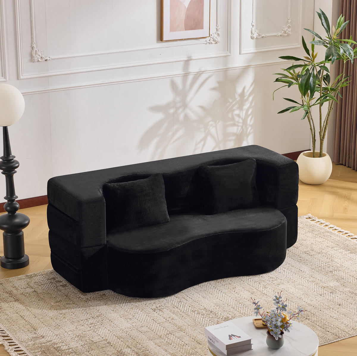 SCHLAFSOFA 2-in-1 klappbar mit hochdichter Schaumstoffpolsterung und 2 Kissen, Schwarz - Schwarz, Kunststoff (180/70/55cm) - Redom