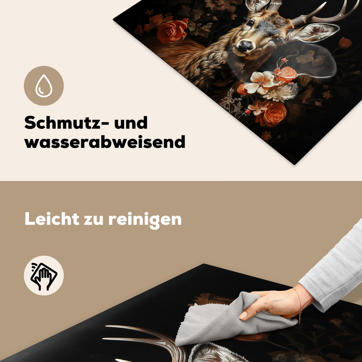 HERDABDECKPLATTE Hirsch - Tier - Blumen - Natur - Botanisch 77x59 cm - Kupferfarben, Kunststoff (77/59/0.2cm) - MuchoWow