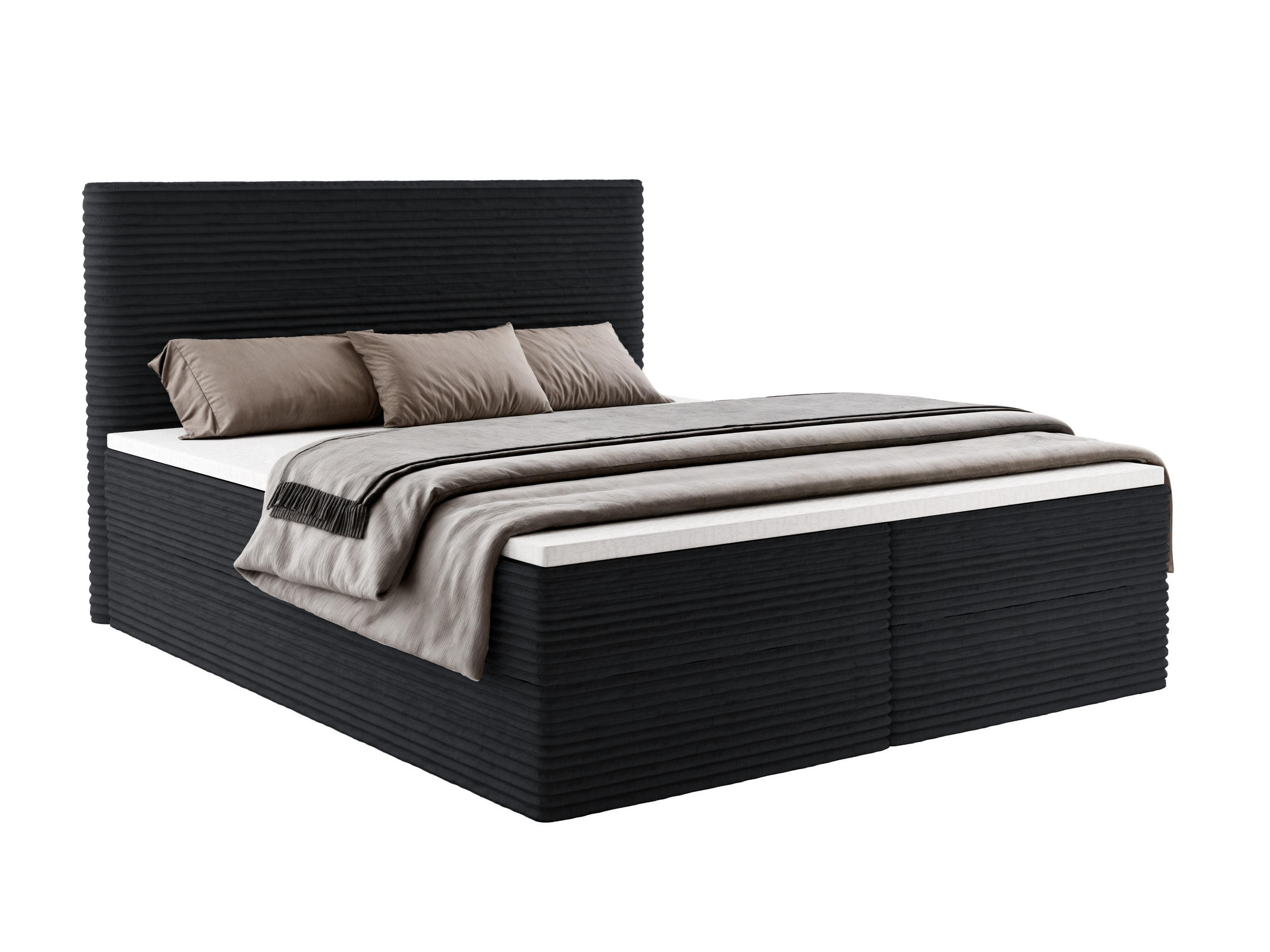 BOXBETT RAVENO mit Bettkasten 160x200 cm inkl. Bonell-Federkernmatratze H3 und Topper – Polsterbett Stoff ASTI Schwarz - Schwarz, Textil (160/200cm) - Luxkor24