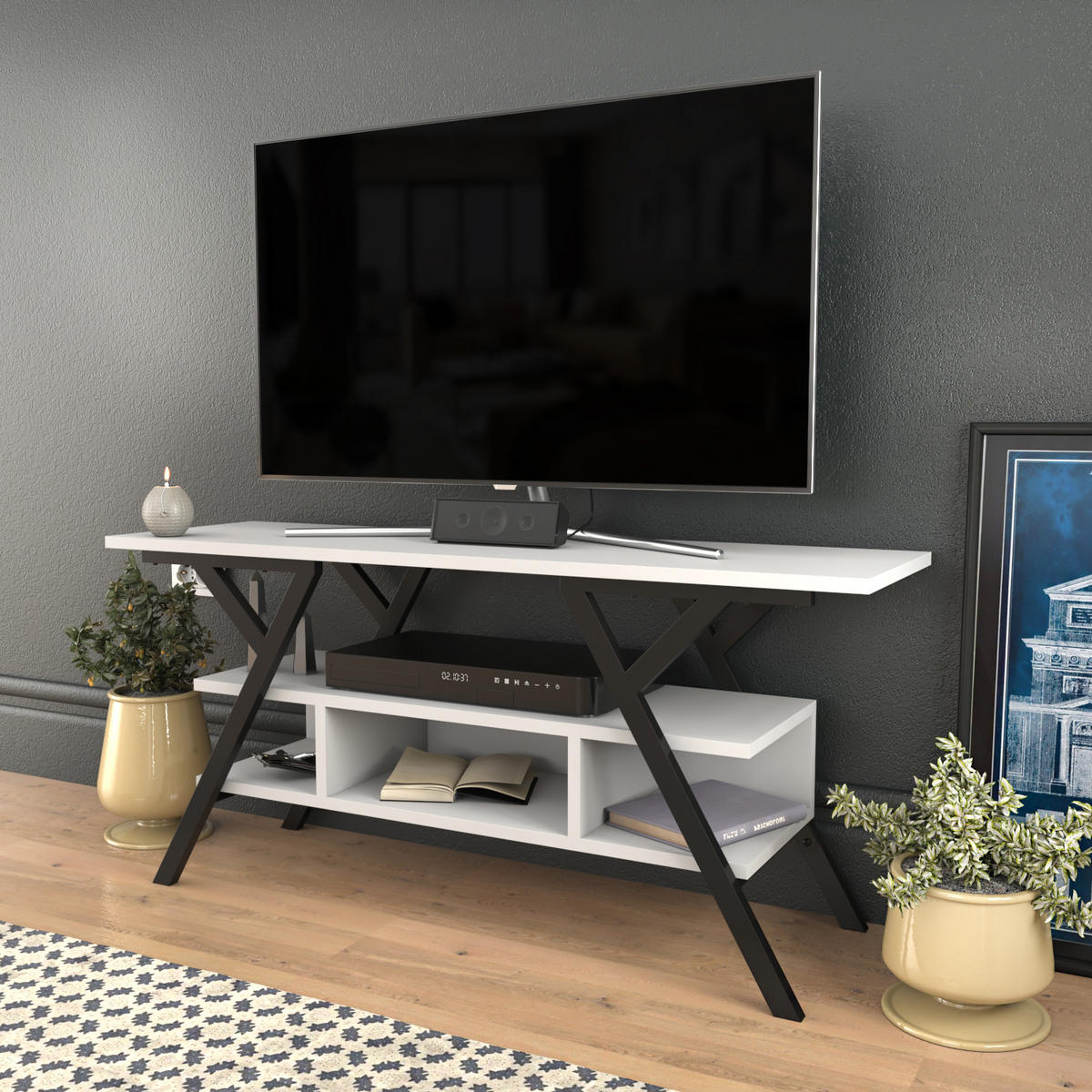 TV Stand Minerva Black Schwarz - Schwarz/Weiß, Holzwerkstoff (120/55/35cm) - Decorotika