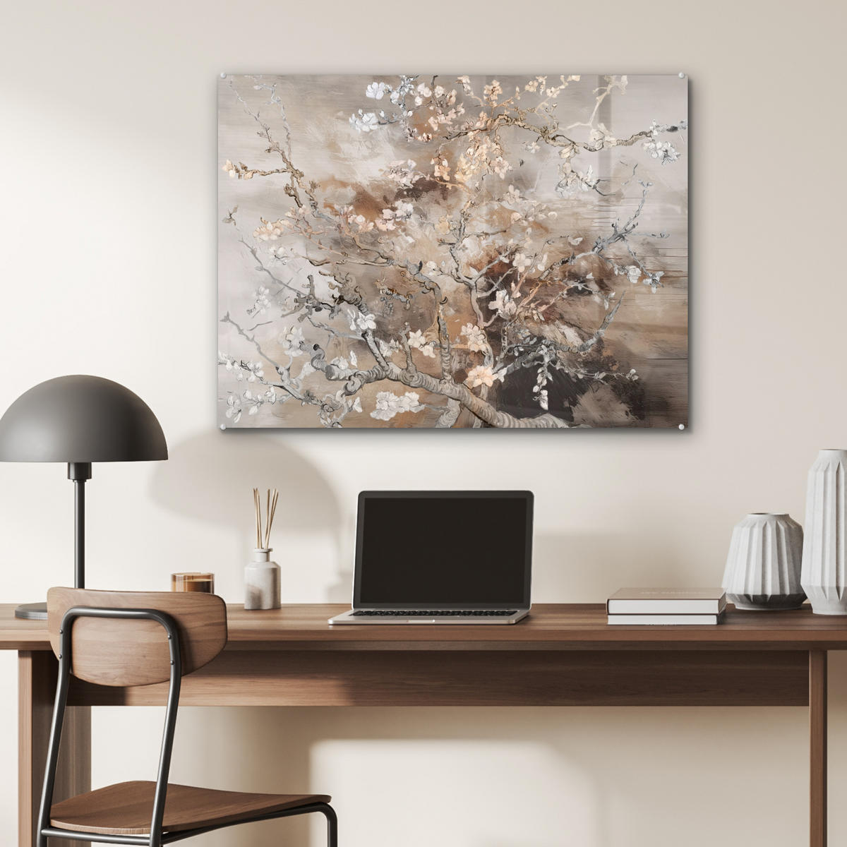 ACRYLGLASBILD Mandelblüte - Kunst - Van Gogh - Beige - Abstrakt 80x60 cm - Braun, Glas (80/60cm) - MuchoWow