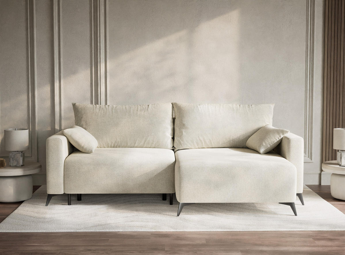 ECKSOFA MIT SCHLAFFUNKTION Leon Creme Chenille-Stoff - Creme/Schwarz, Holz/Holzwerkstoff (239/148cm) - Maison de Reve