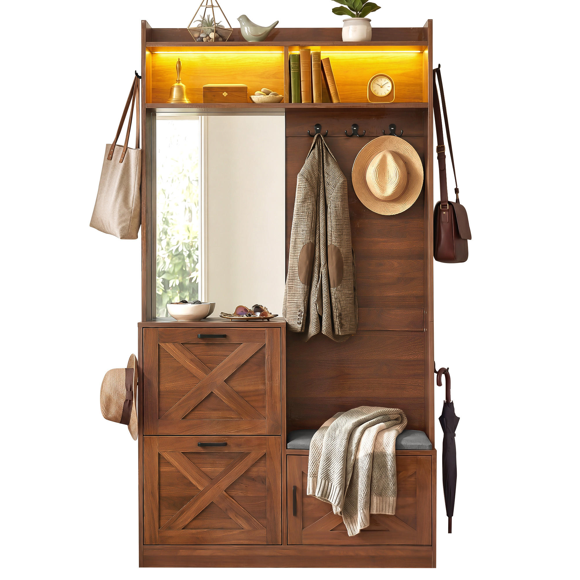 GARDEROBE Schuhschrank Spiegel LED App PB MDF - Walnussfarben, Holzwerkstoff (100/180/25cm) - FLIEKS