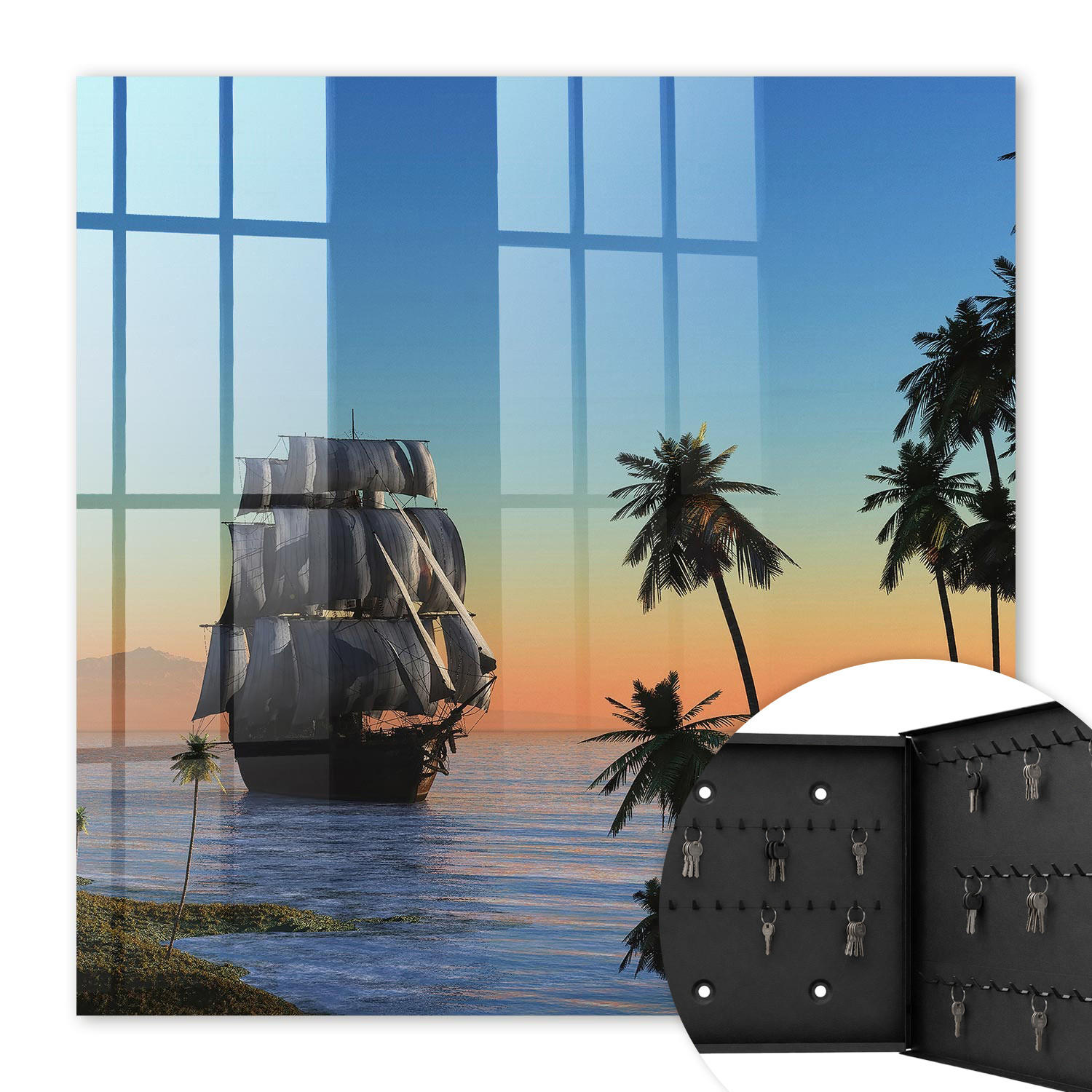 SCHLÜSSELBOX Schwarz 30x30 cm- Türöffnung nach rechts - Seesegelschiff - Blau, Metall (30/30/5cm) - TULUP
