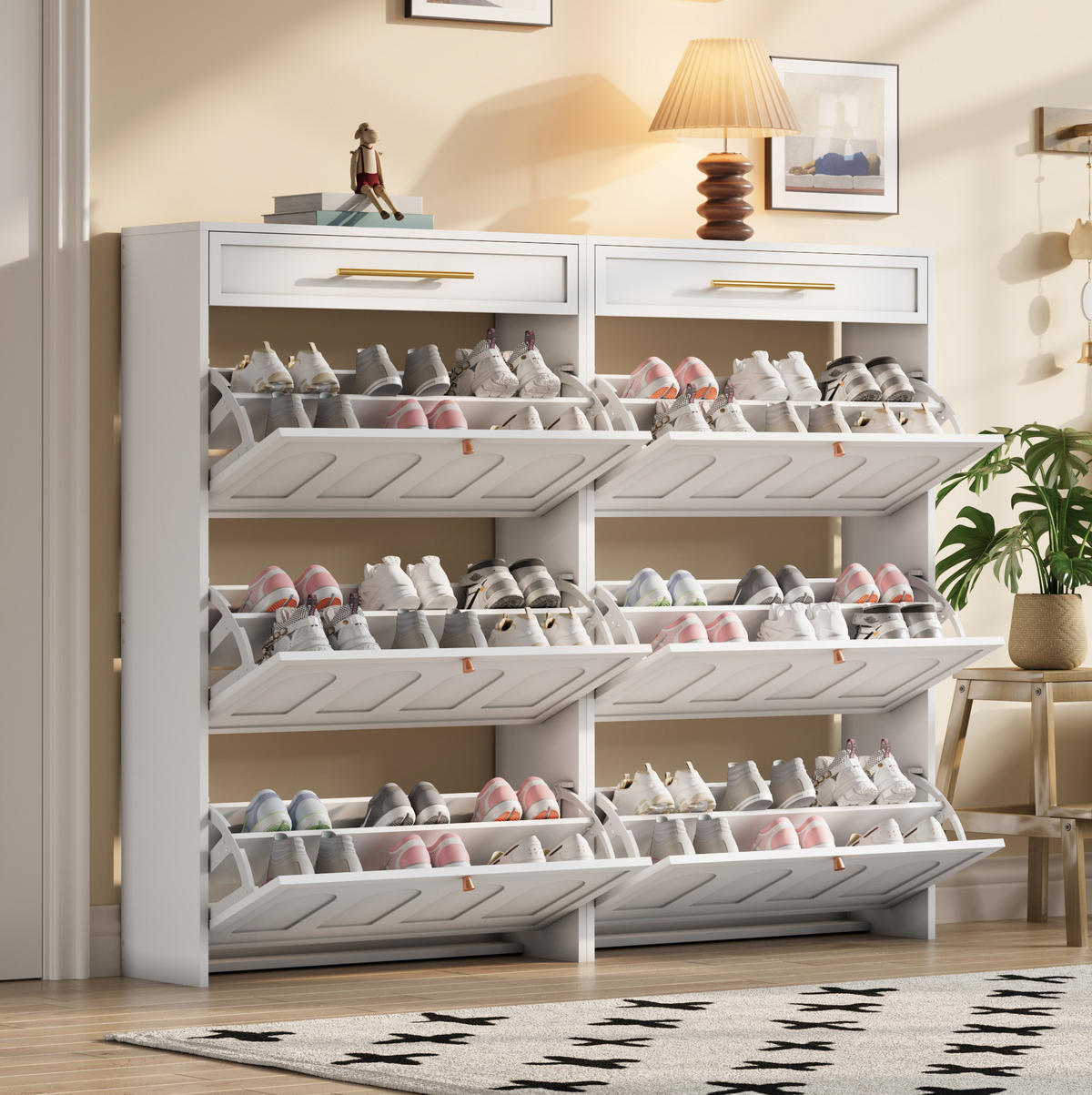 SCHUHSCHRANK aus MDF 140x25x123,5cm in Weiß mit 12 Fächern & 2 Schubladen - Weiß, Holzwerkstoff (140/123.5/25cm) - Modfu