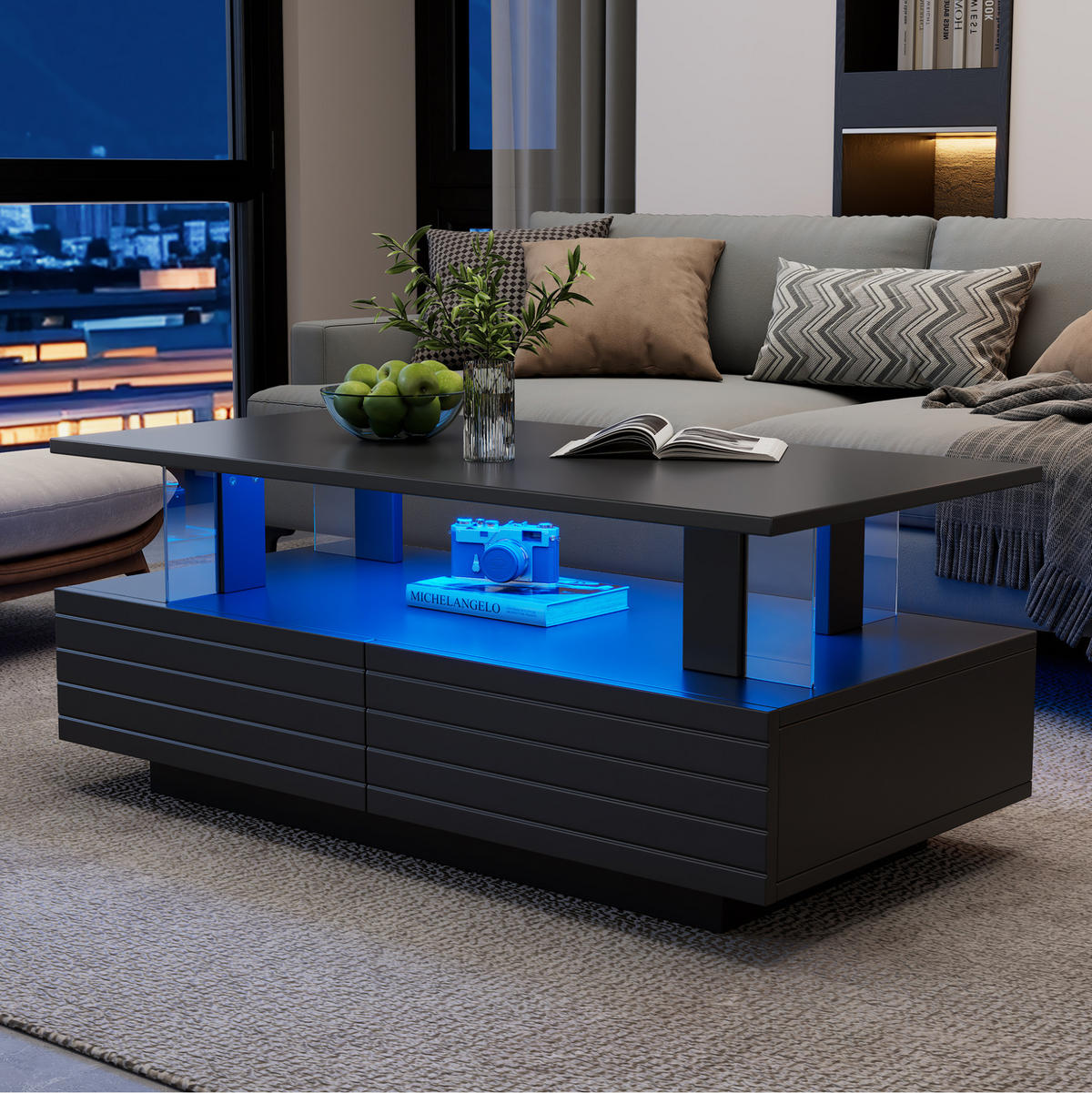 COUCHTISCH, Acryl Schwarz mit LED‑Beleuchtung, App- & Fernbedienung, doppelschichtiges Regal, 100/50/42 cm,Schwarz - Schwarz, Kunststoff (100/50/42cm) - Redom