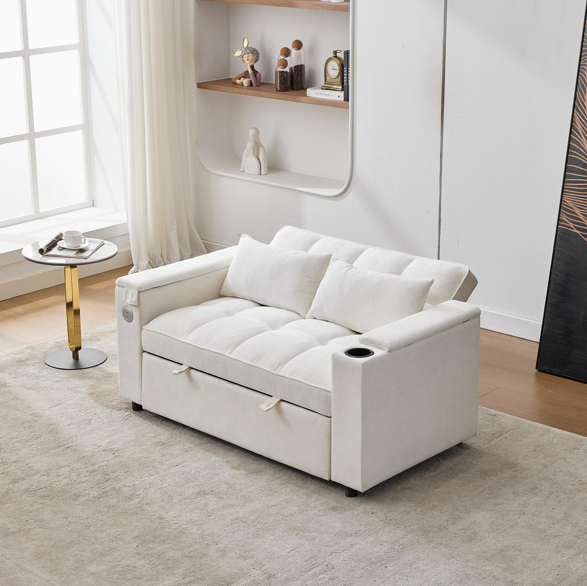 SCHLAFSOFA aus Stoff 140,5x74x82 cm Beige mit USB-, Typ-C-Anschluss, verstellbarer Rückenlehne und verstecktem Tisch - Beige, Textil (140.5/82/74cm) - Modfu