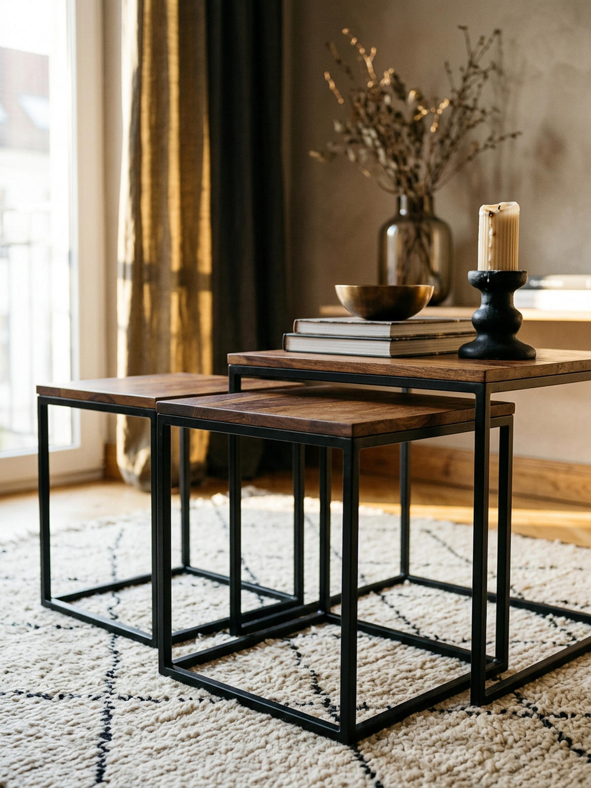 BEISTELLTISCH Set – Massivholz Metall Braun Schwarz rund 3 Größen - Schwarz/Braun, Holz/Metall (40/40/42cm) - KADIMA DESIGN