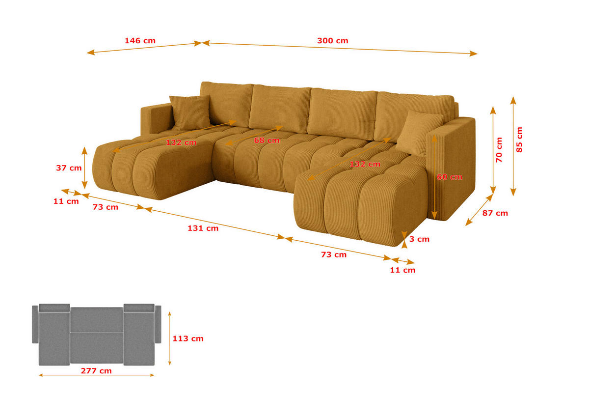 SEDACÍ SOUPRAVA DO U s funkcí spaní a úložným prostorem GARD-U 300x146x85 hořčicově žlutá manšestr - černá/tmavě žlutá, kompozitní dřevo/textil (300/85/146cm) - ALTDECOR