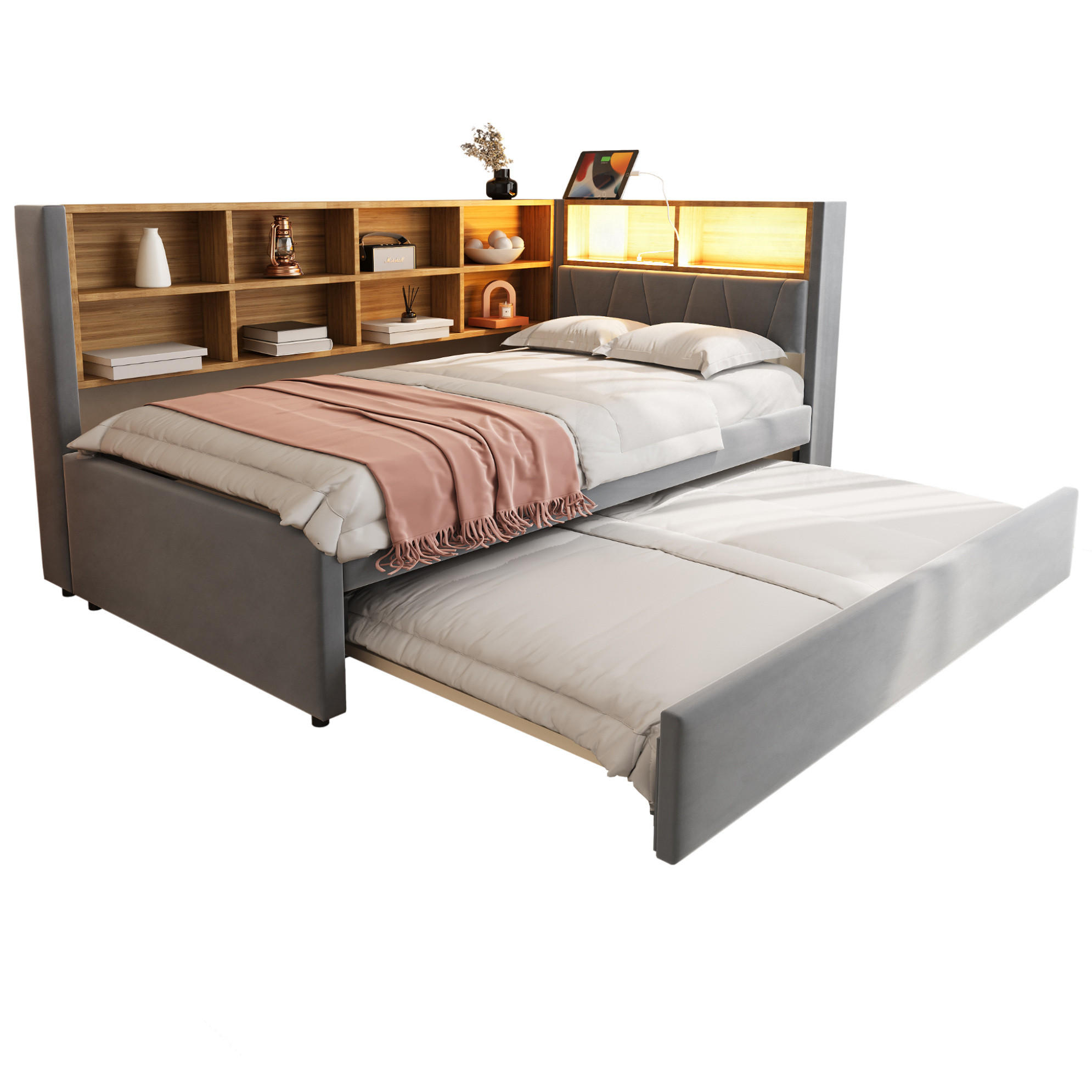 SCHLAFSOFA 90/200 cm mit Ausziehbett 90/190 cm, LED, USB-C, Steckdose und Stauraum, Dunkelgrau - Dunkelgrau, Textil (103/98/213cm) - Redom