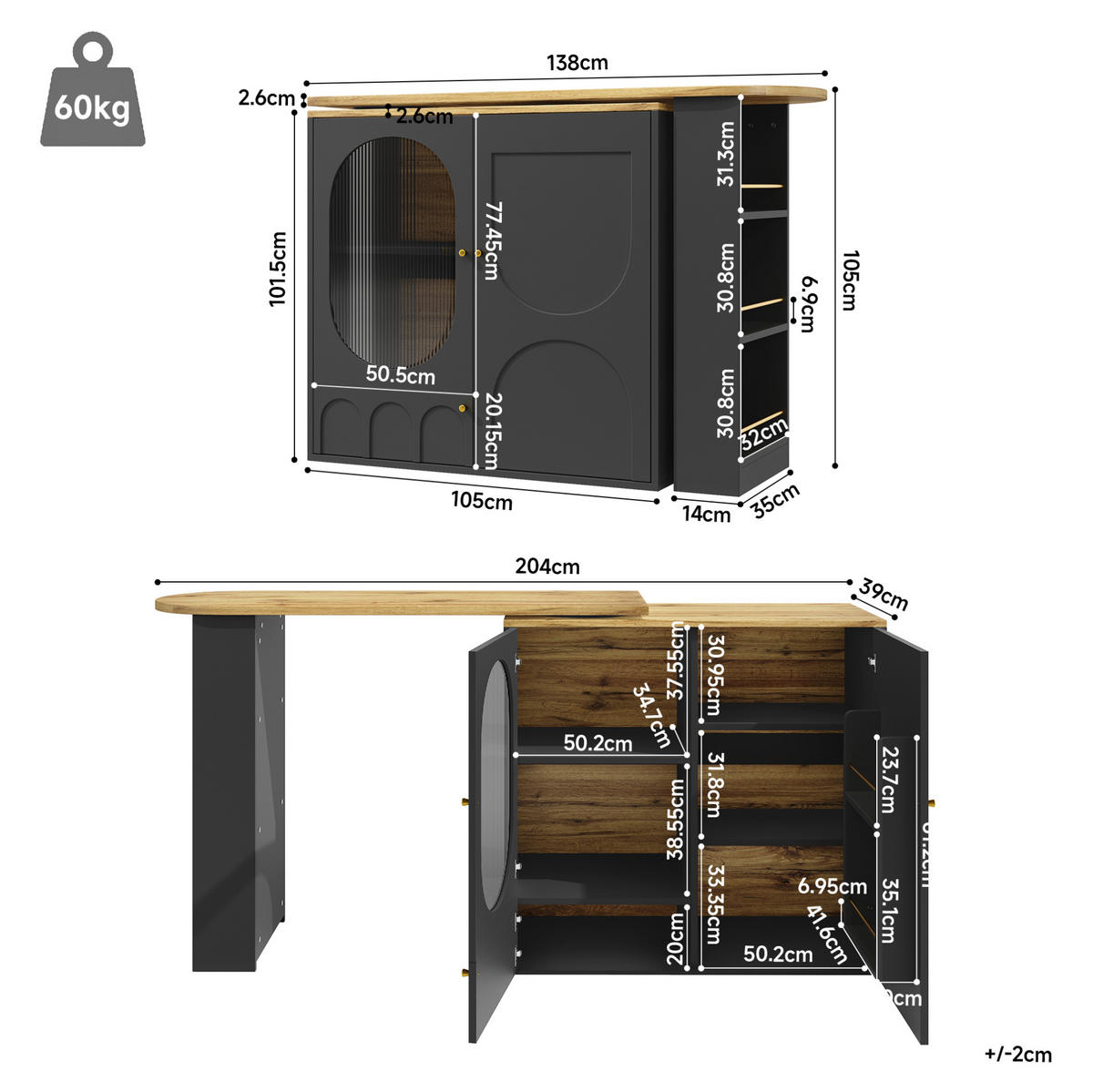 BARTISCH/KÜCHENINSEL aus MDF & Metall, 360° drehbar, 138/204/39/105 cm, Schwarz - Schwarz, Holzwerkstoff (39/105/138cm) - Redom