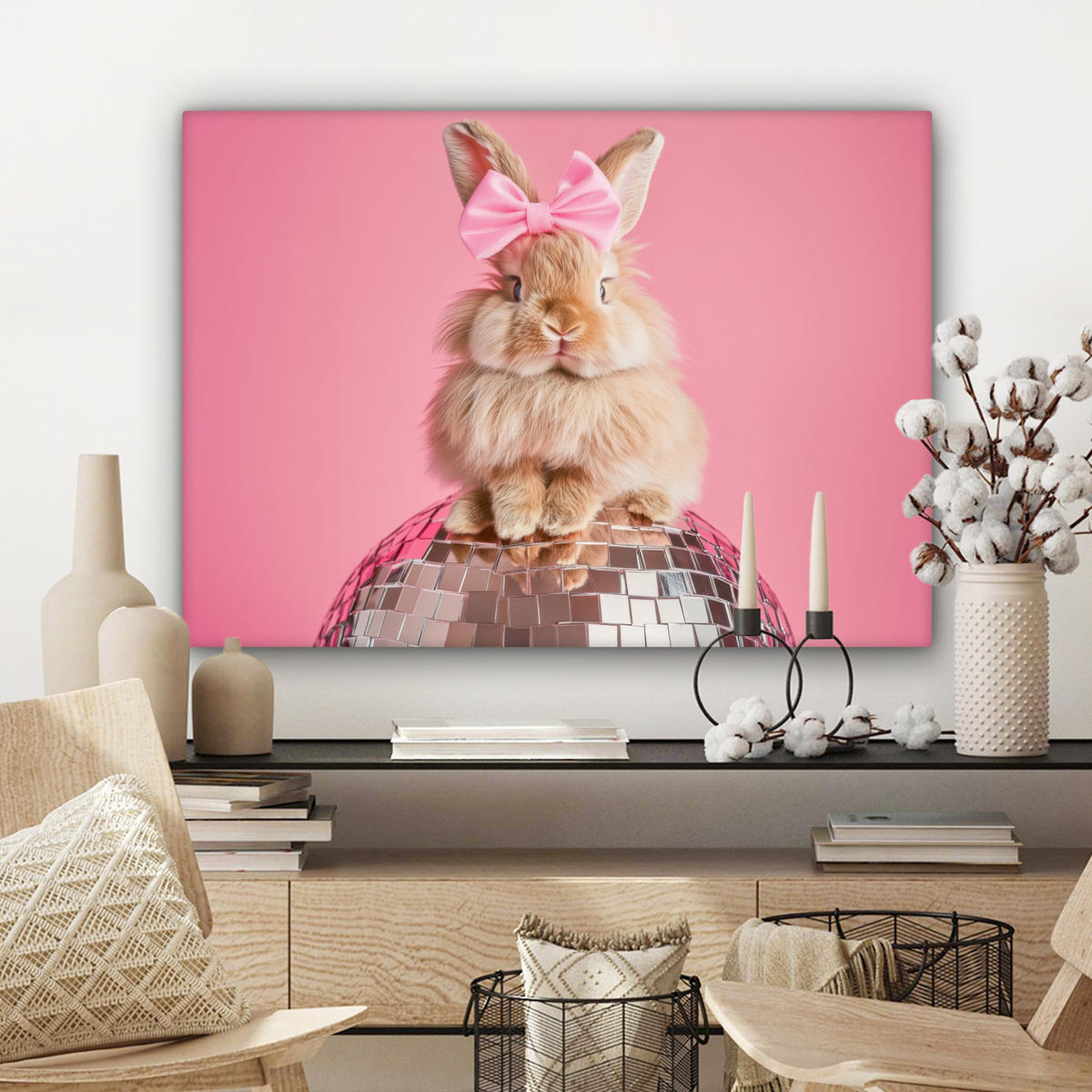 LEINWANDBILD Schleife - Discoball - Kaninchen Wandbilder 80x60 cm - Pink, Textil (80/60cm) - MuchoWow