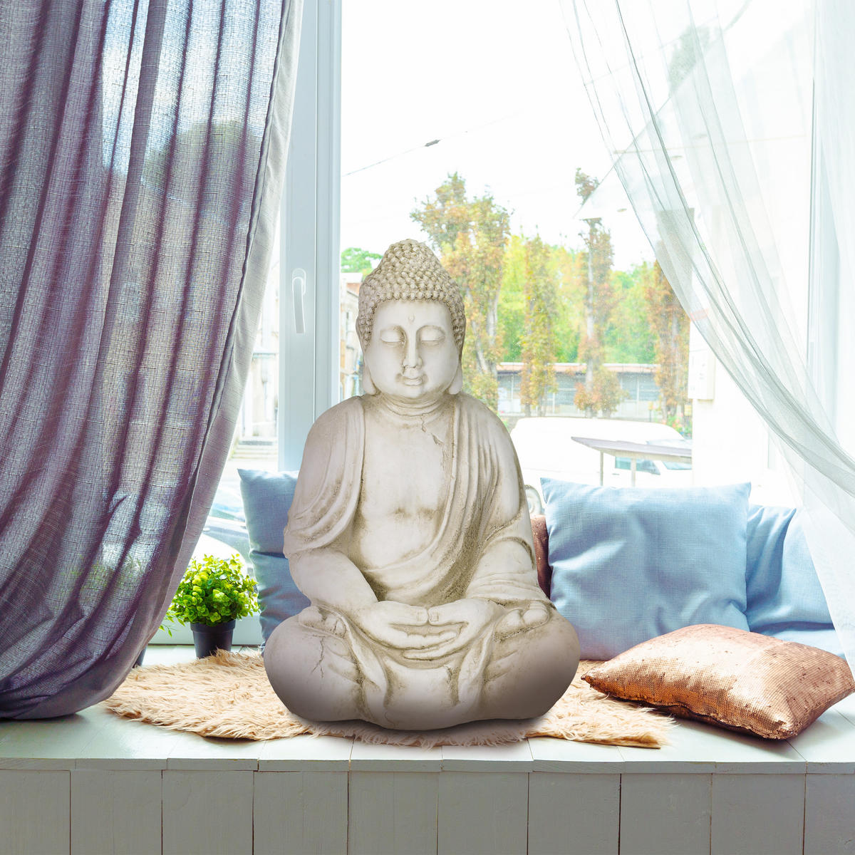 BUDDHA-FIGUR - Creme, Kunststoff (45/70/35cm) - Relaxdays