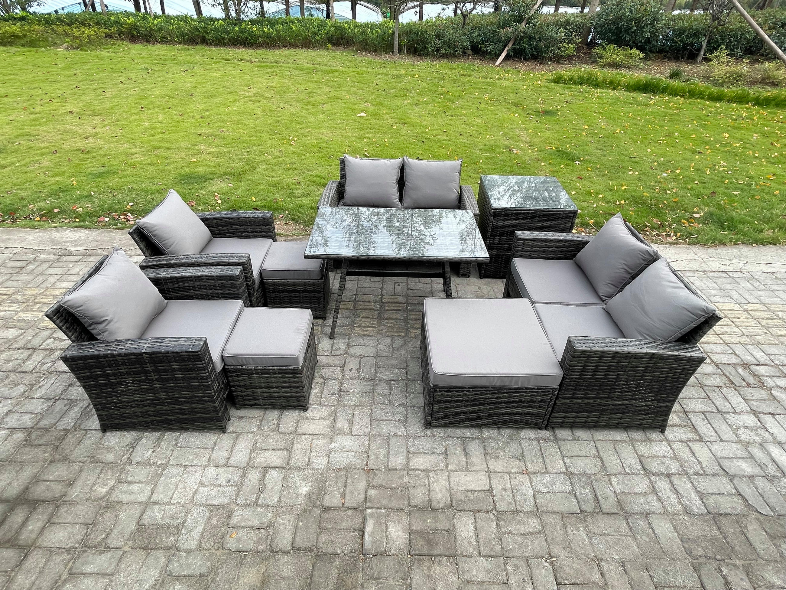 GARTENMÖBELSET mit ESSTISCH,HOCHLEHNER-SOFA Polyrattan Dunkelgrauer Mix 9-Sitzer - Dunkelgrau/Grau, Glas/Kunststoff - Fimous
