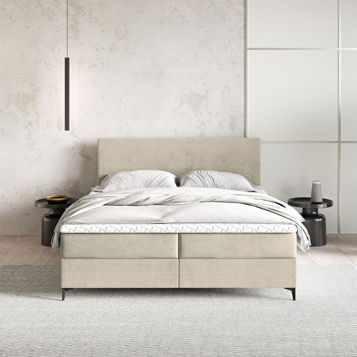 BOXBETT TORREL 160x200 cm mit Matratze und Topper - Creme - Creme, Holz (160/200cm) - MASSENO