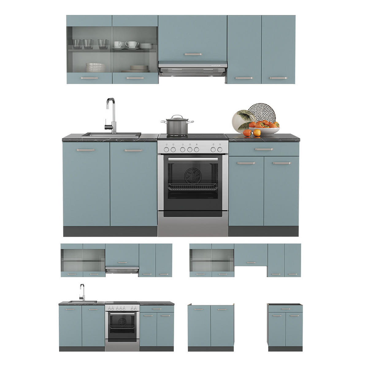 KÜCHENZEILE R-Line Blau-Grau/Anthrazit 200 cm, AP Anthrazit - Anthrazit/Blaugrau, Holzwerkstoff (200/81.6/60cm) - Vicco