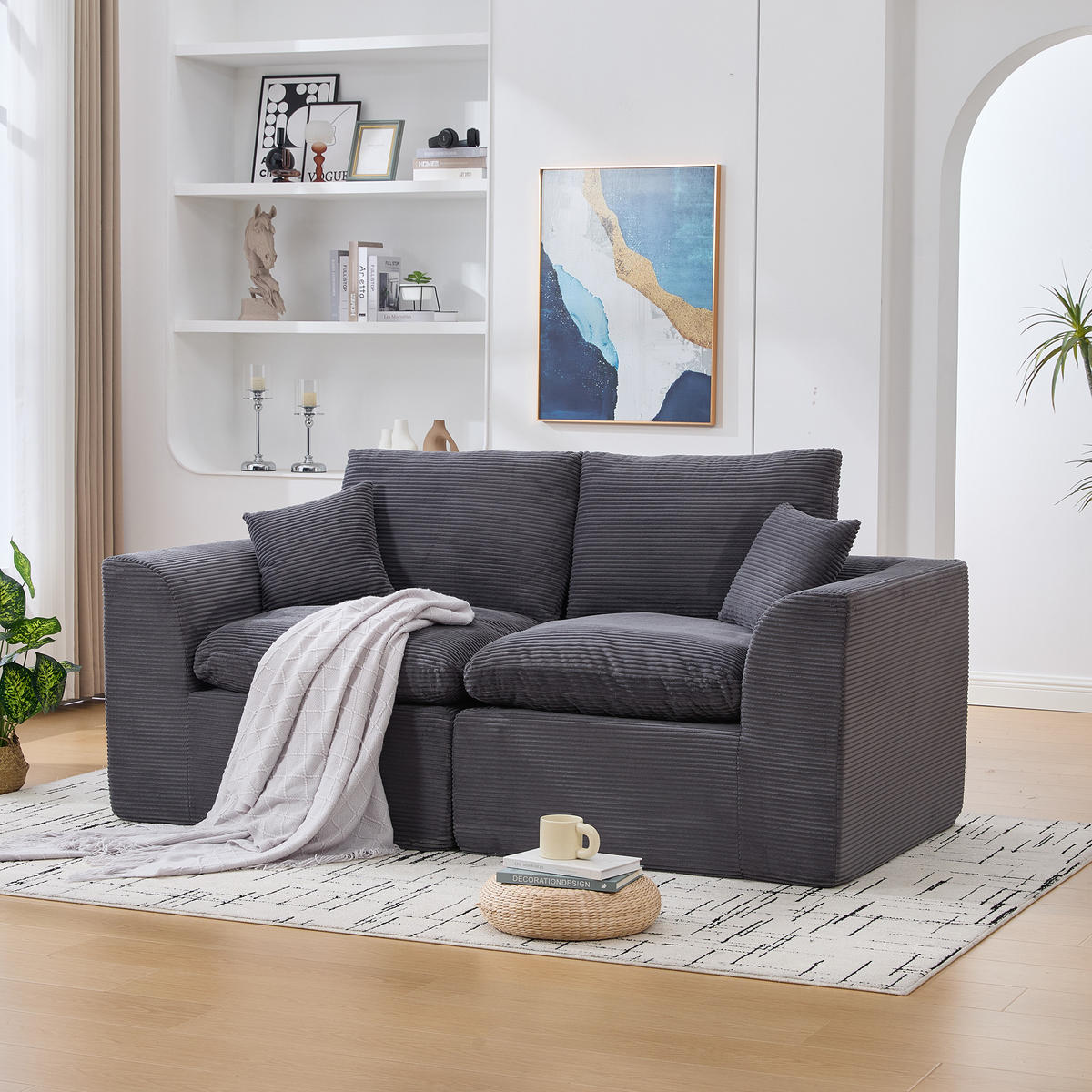2-SITZER SOFA Cord Dunkelgrau mit Kissen - Dunkelgrau, Textil (204/84/102.5cm) - WISHDOR