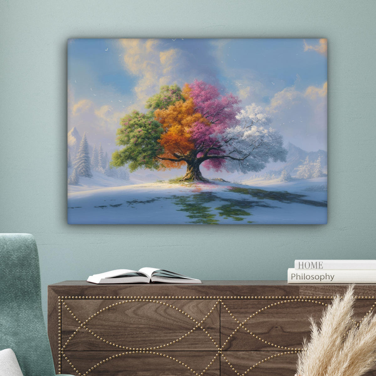 LEINWANDBILD Baum - Jahreszeiten - Winter - Landschaft Wandbilder 80x60 cm - Multicolor, Textil (80/60cm) - MuchoWow