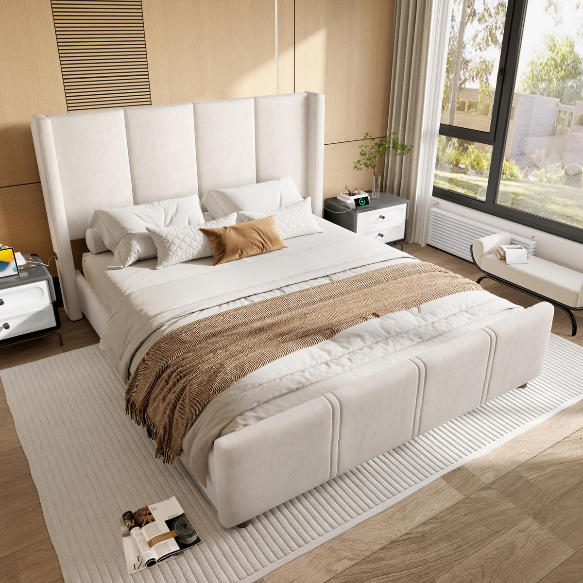 POLSTERBETT 140/200 cm mit hohem Kopf- und Fußteil, USB- und Typ-C-Anschluss, Samtoptik, Beige - Beige, Textil (140/200cm) - Redom
