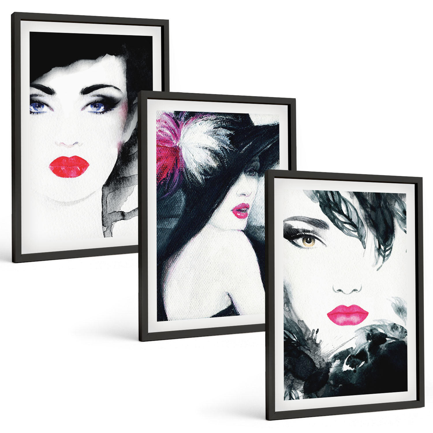 BILDER SET 3er Set - 40x60 cm Schwarzer Rahmen - Porträts von Frauen mit Lippen - Schwarz, Kunststoff (40/60cm) - TULUP