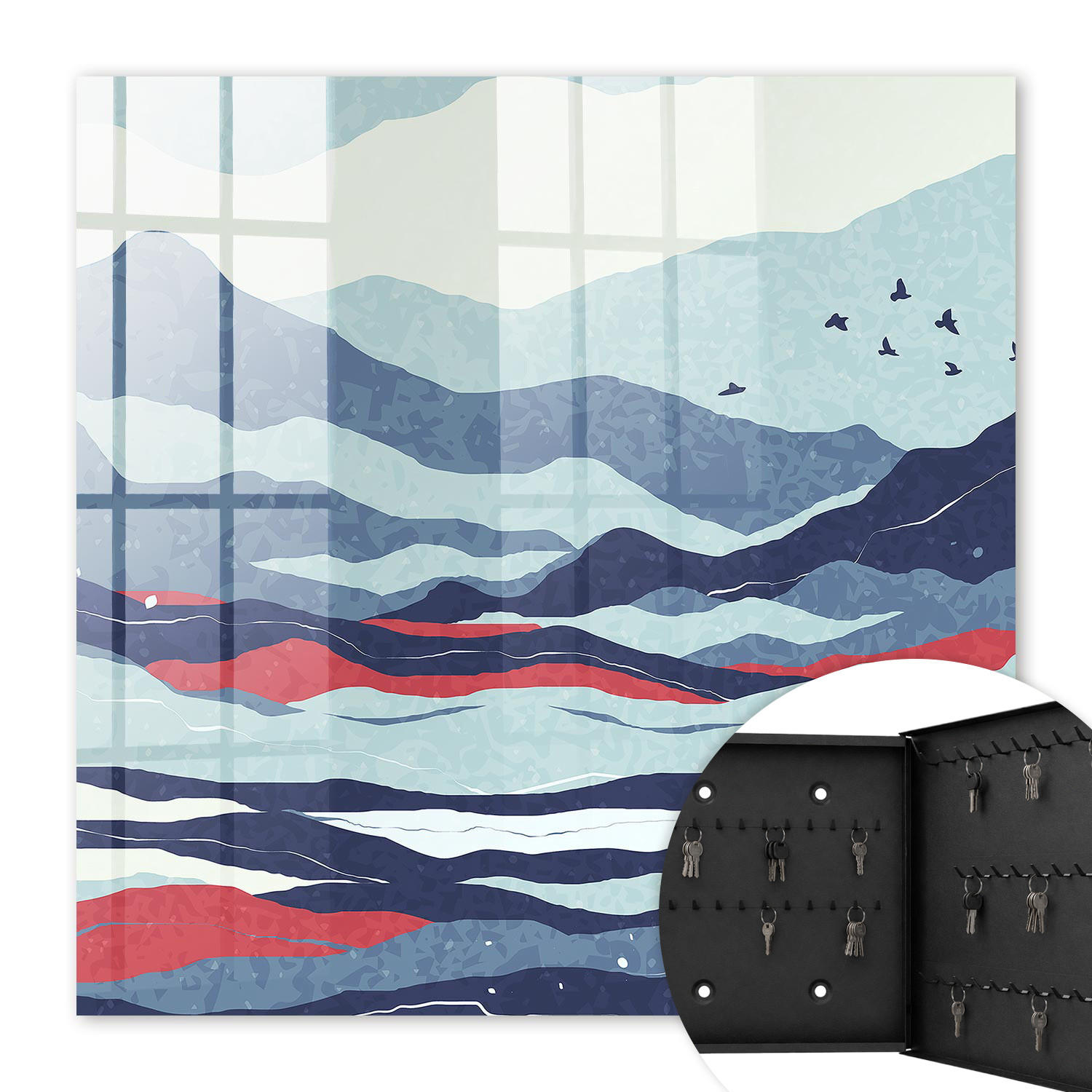 SCHLÜSSELBOX Schwarz 30x30 cm- Türöffnung nach rechts - Blaue Wellen - Blau, Metall (30/30/5cm) - TULUP