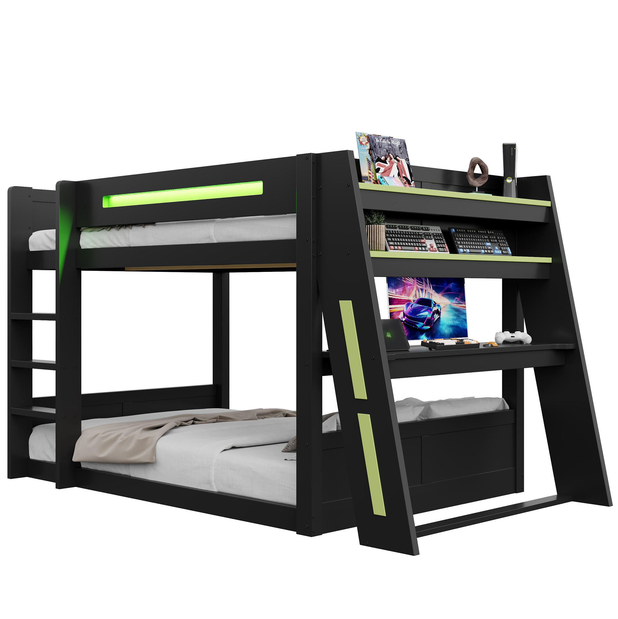 ETAGENBETT 140/200 cm schwarz/grün aus Kiefer und MDF mit Schreibtisch und LED - Schwarz, Holzwerkstoff (140/200cm) - OKWISH