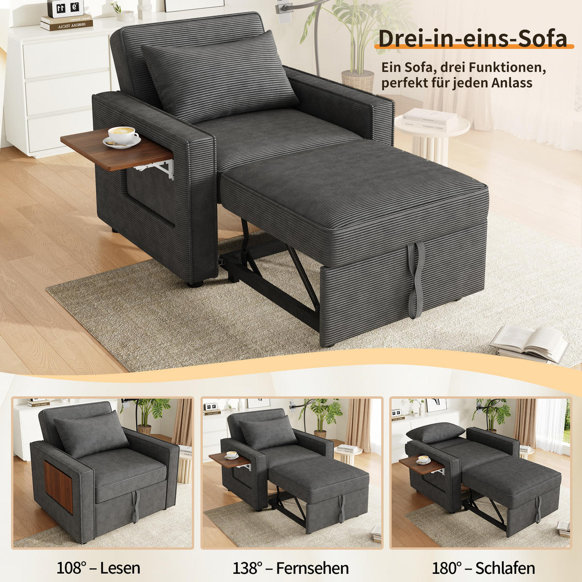 SCHLAFSOFA 1-Sitzer, Cord, mit USB-Anschluss & Handyhalter, 93/150/85 cm, Grau - Grau, Textil (93/85/150cm) - Redom