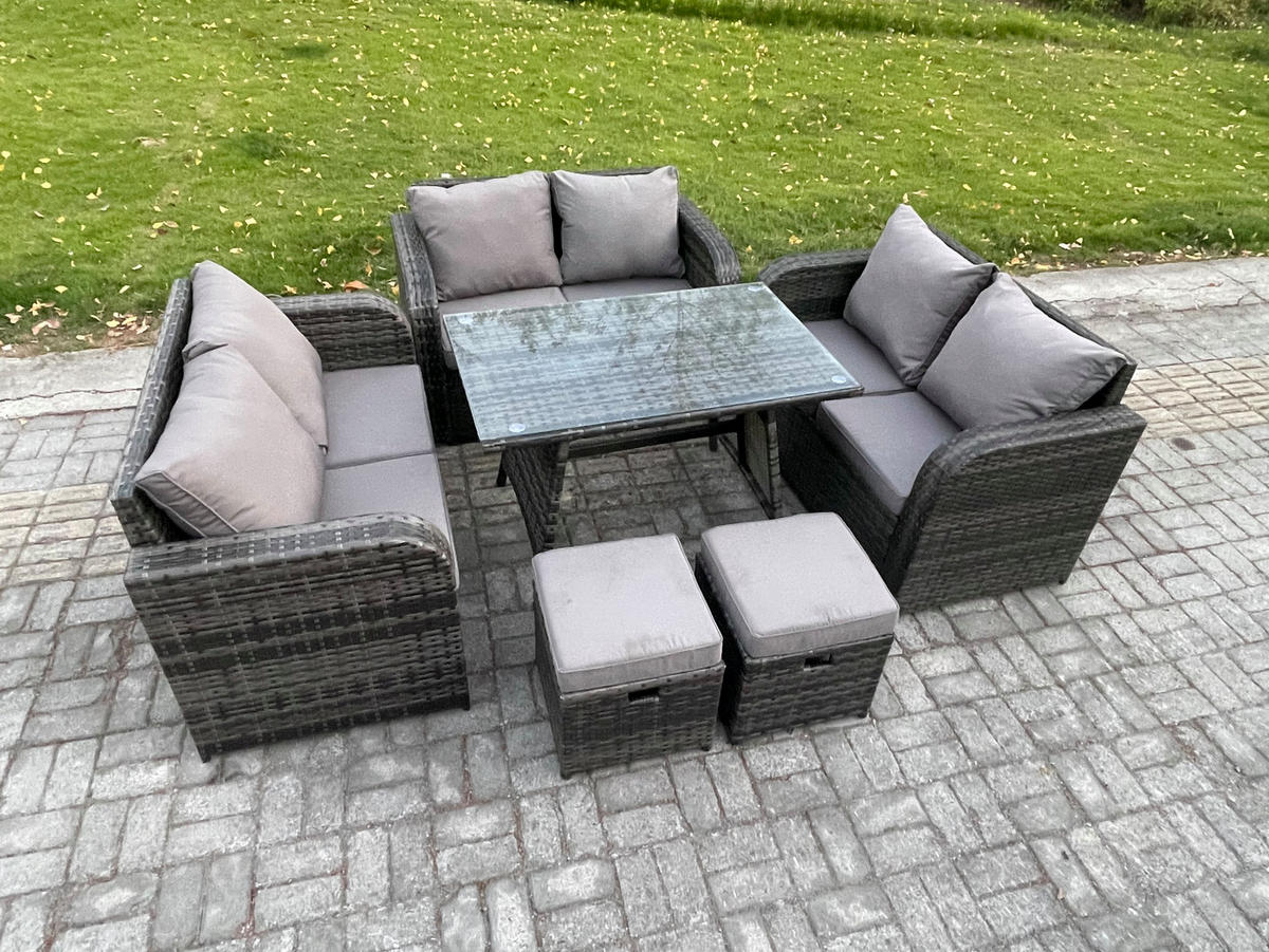GARTENMÖBELSET mit ESSTISCH,SOFA Polyrattan 8-Sitzer - Dunkelgrau/Grau, Glas/Kunststoff - Fimous