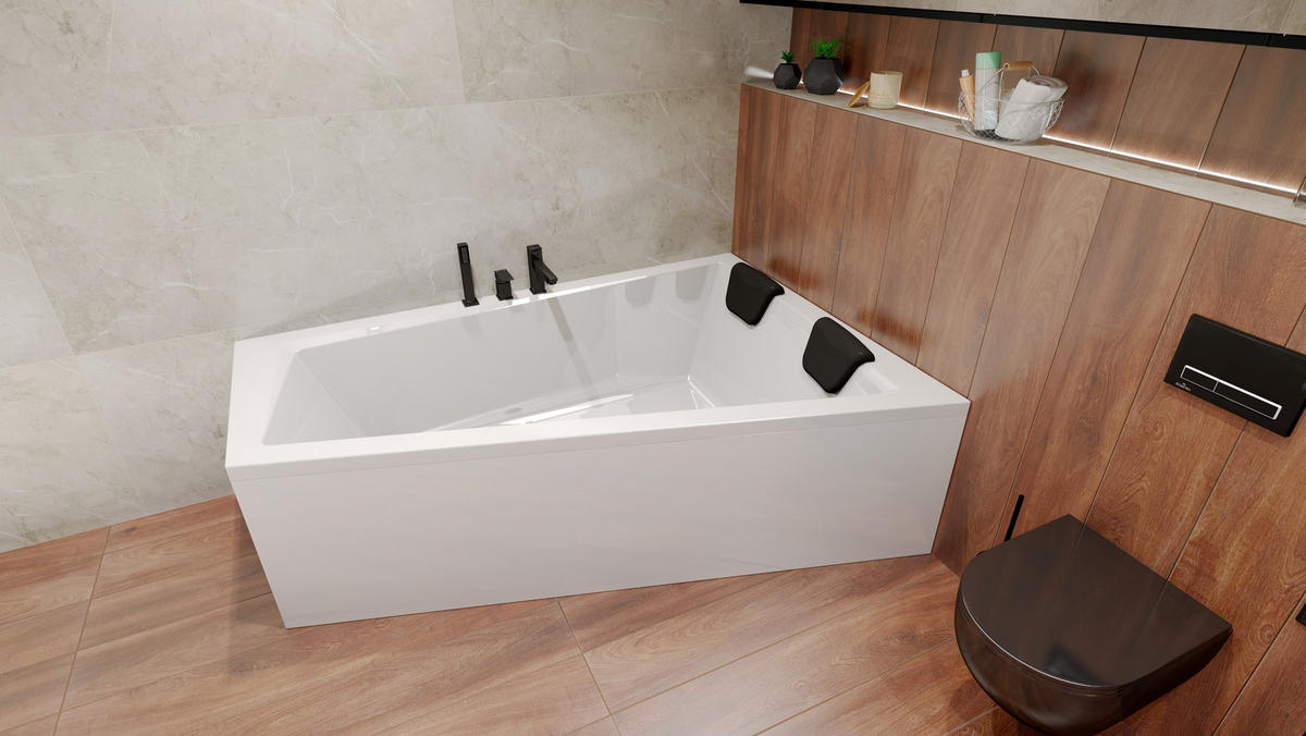 BADEWANNE Eckwanne INTIMA 150/85 Rechts + 1 Kopfstütze Ablauf Füße - Weiß, Kunststoff (85/55.5/150cm) - bad land